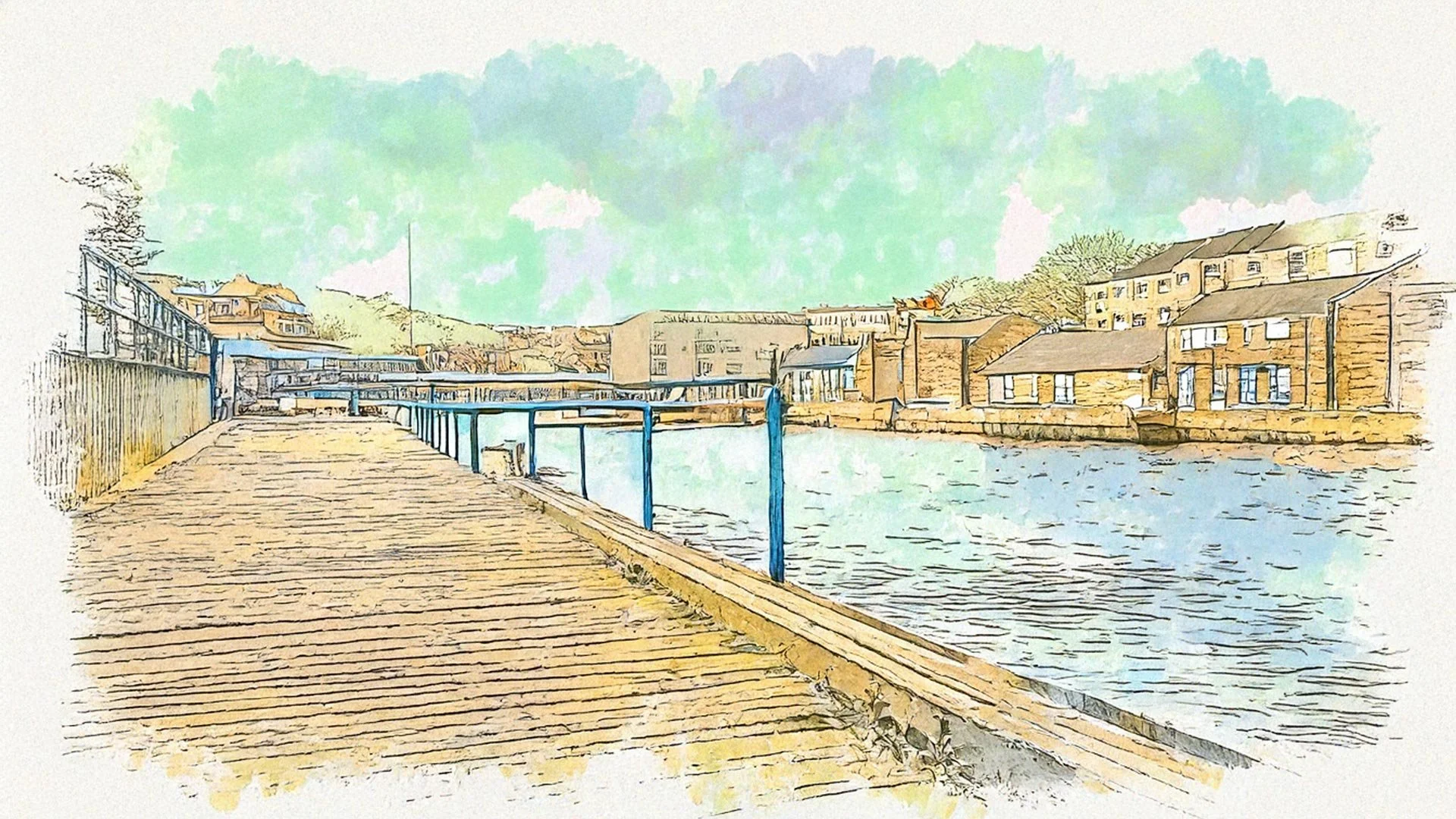 An artistic impression drawing of the Wharf in Sowerby Bridge in pastel colours