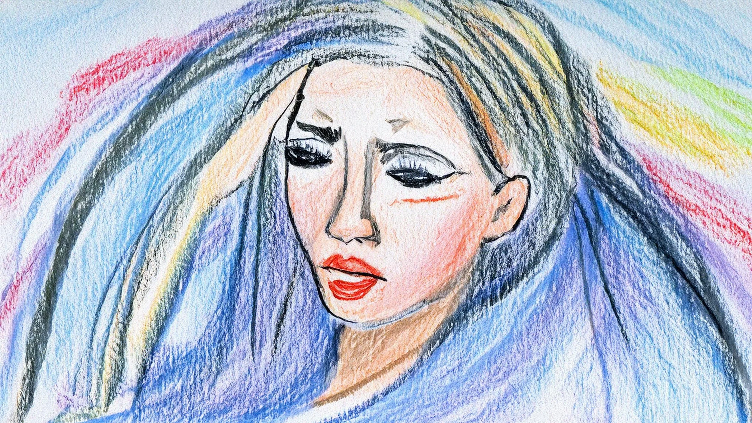 A pastel drawing of a person with eyes closed, a desperate expression on their face. It looks like they could benefit from some counselling for depression