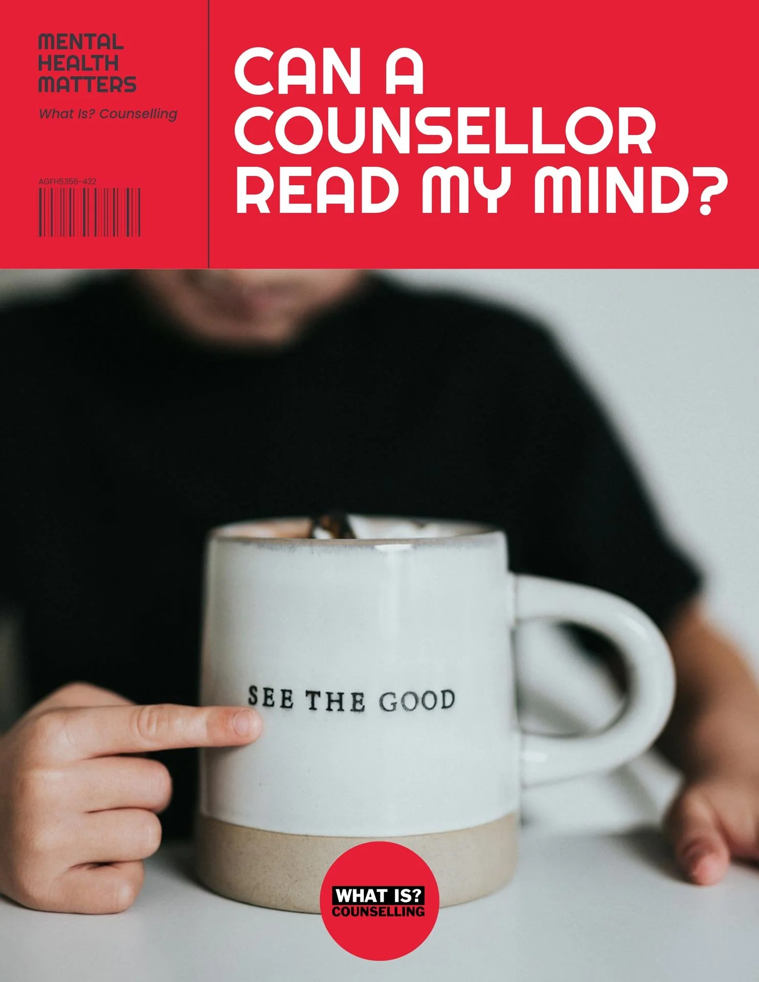 Image of a person pointing towards a cup that shows the words see the good