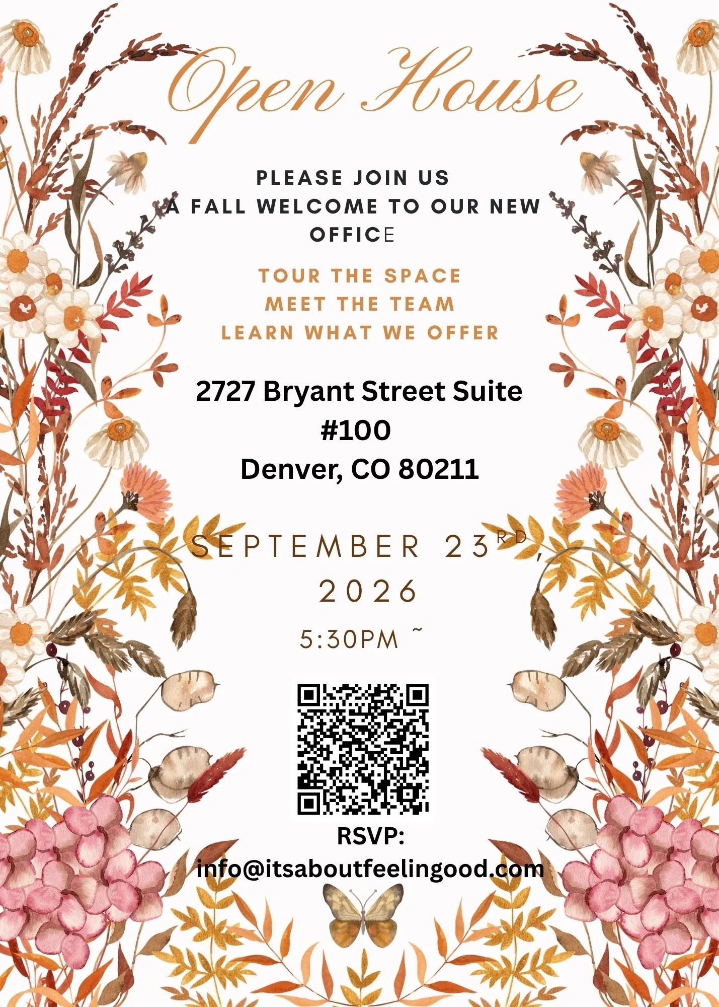Fall-themed open house invitation with flowers and leaves border, featuring event details such as date, address, and RSVP info. To introduce Spravato and Ketamine treatment