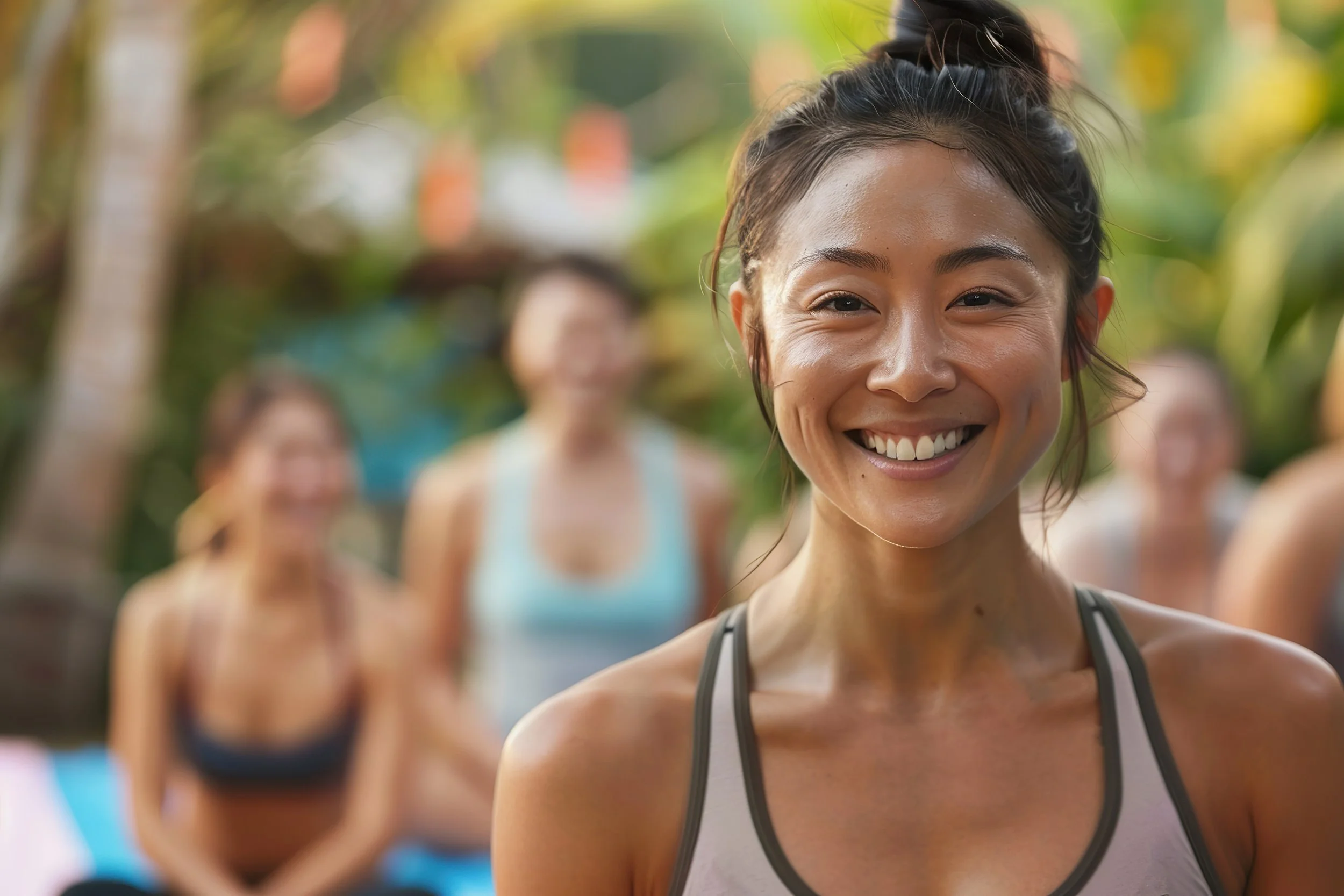 Close-up of a smiling woman with wet hair in a black sports bra, participating in an outdoor group exercise session, with blurred people in the background.