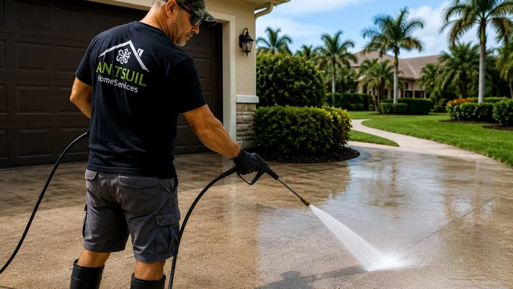 Pressure washing a concrete driveway in Wellington Florida