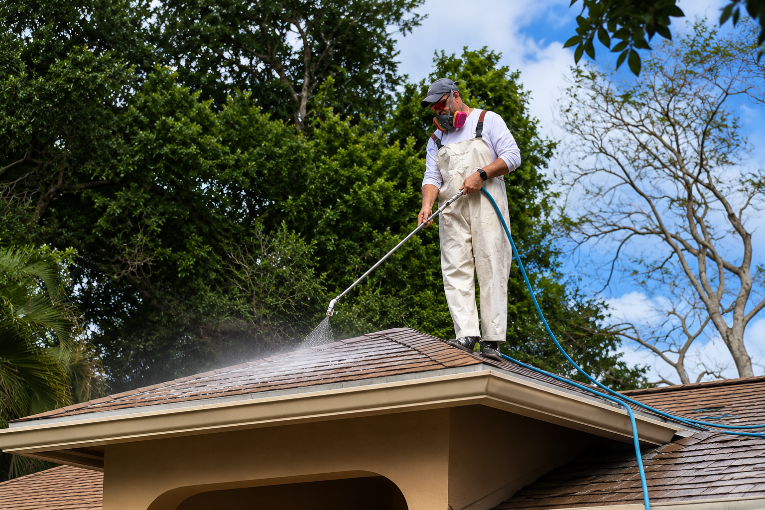 Soft washing a residential roof in Palm Beach County