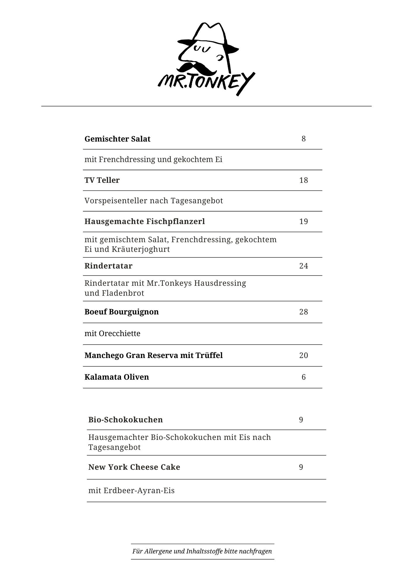 Mr Tonkey Speisekarte mit Boeuf Bourguignon, Knödel, Spinatknödel, Rindertatar, Fisch Pflanzerl, Salat und Dessert Schokokuchen und Käsekuchen, Wein, Raritäten