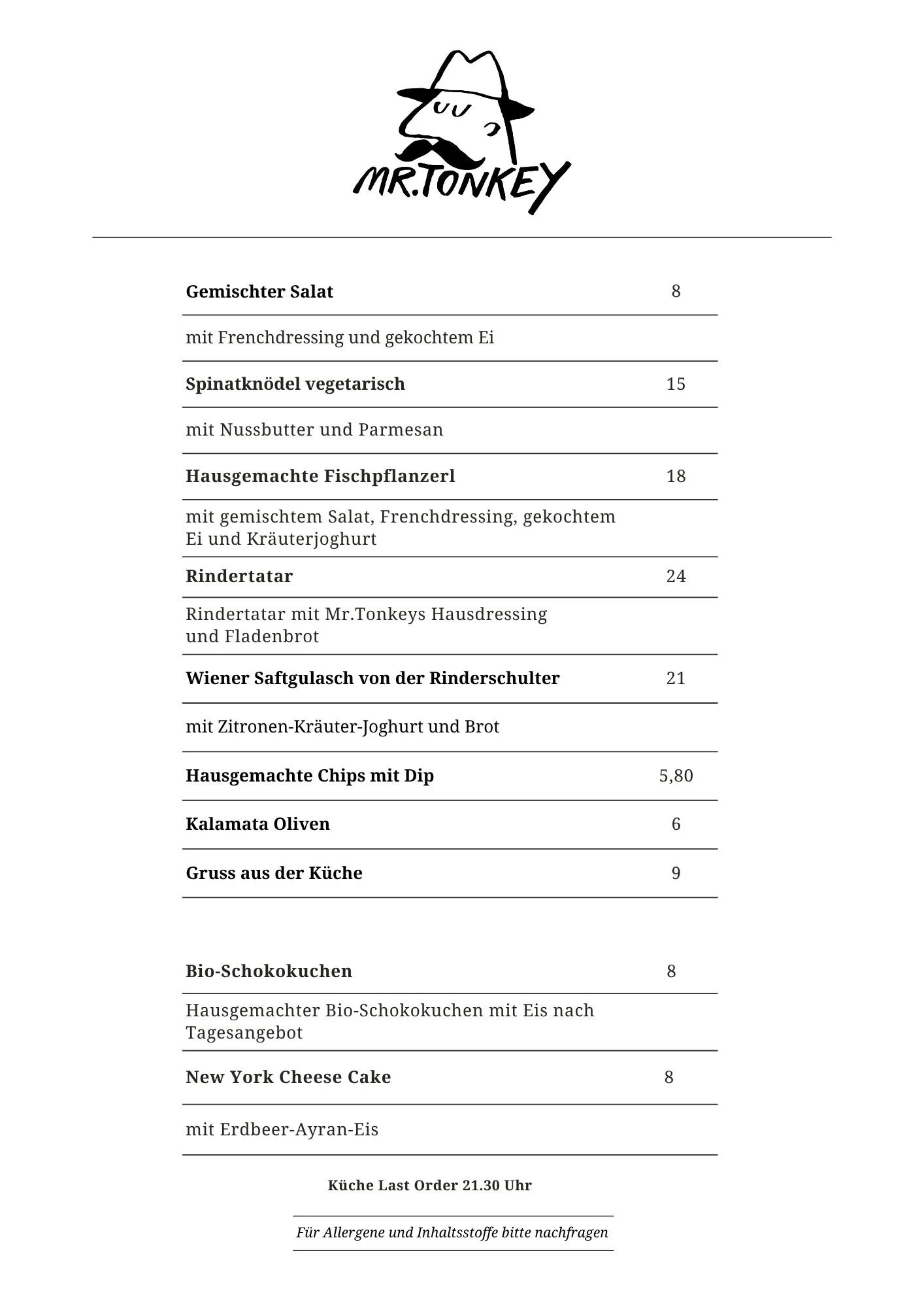 Mr Tonkey Speisekarte mit Gulasch, Knödel, Spinatknödel, Rindertatar, Fischpflanzerl, Salat und Dessert Schokokuchen und Käsekuchen, Wein