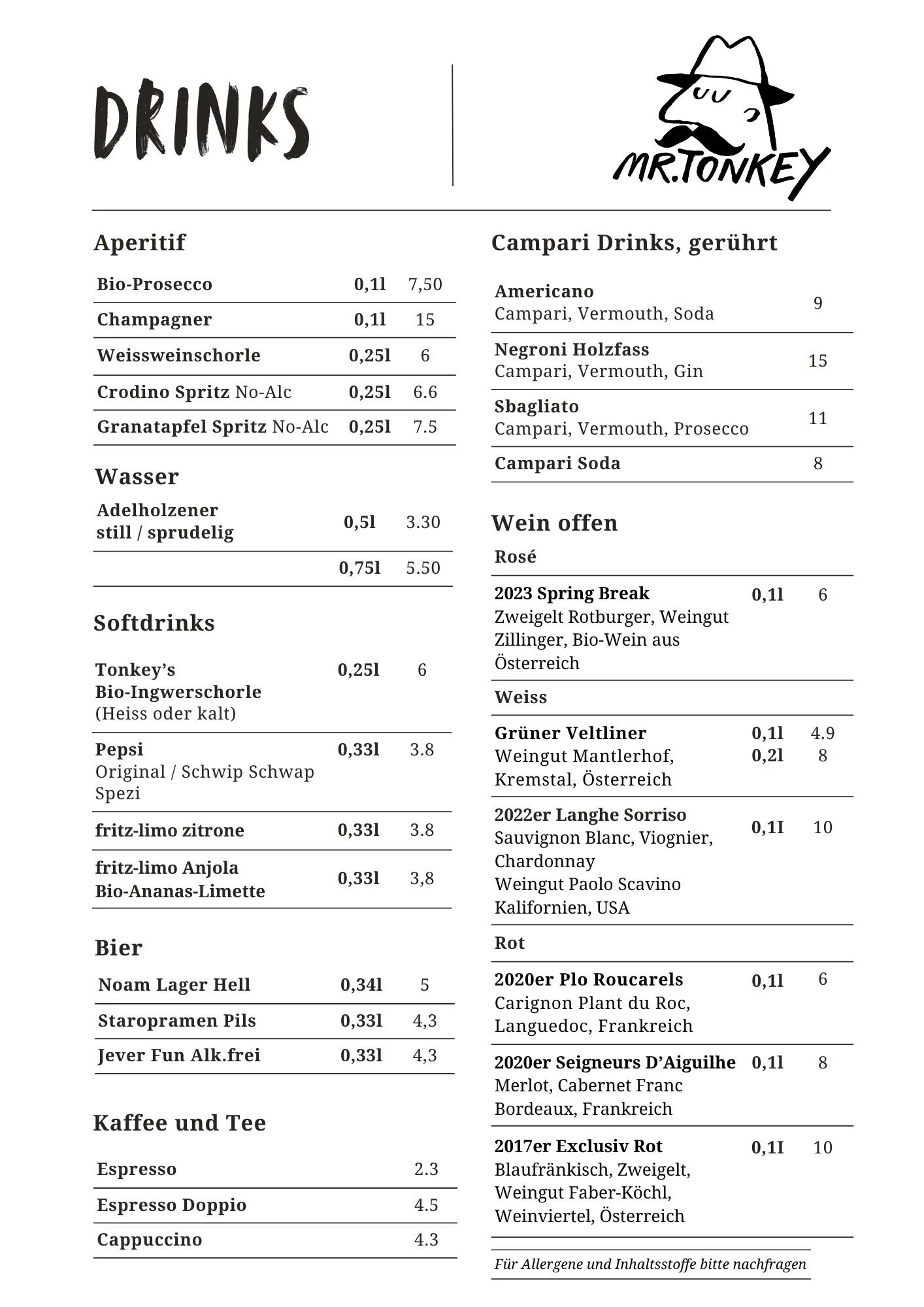 Mr Tonkey Speisekarte mit Gulasch, Knödel, Spinatknödel, Rindertatar, Fischpflanzerl, Salat und Dessert Schokokuchen und Käsekuchen, Wein