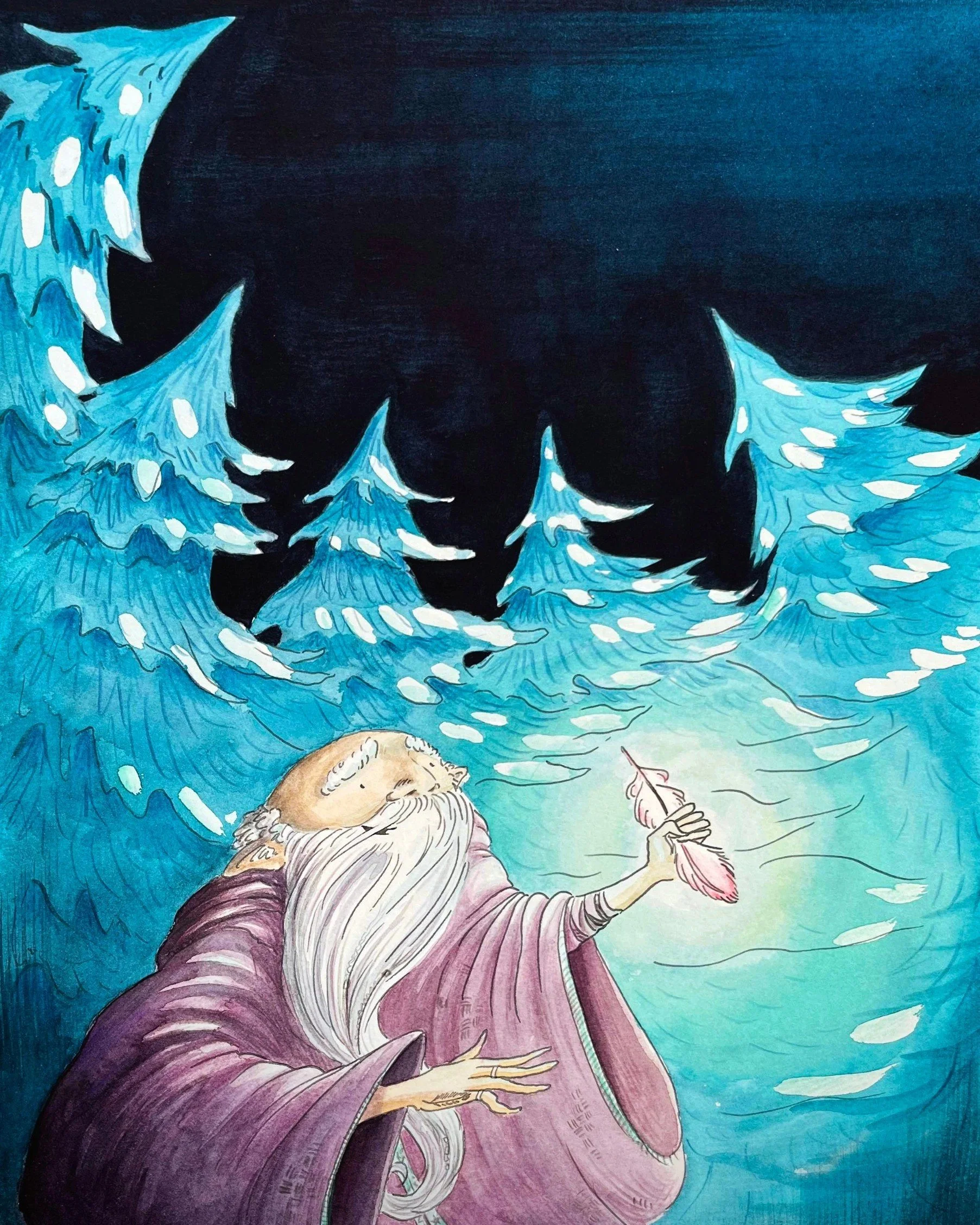 wizard holding feather and looking up at pine trees