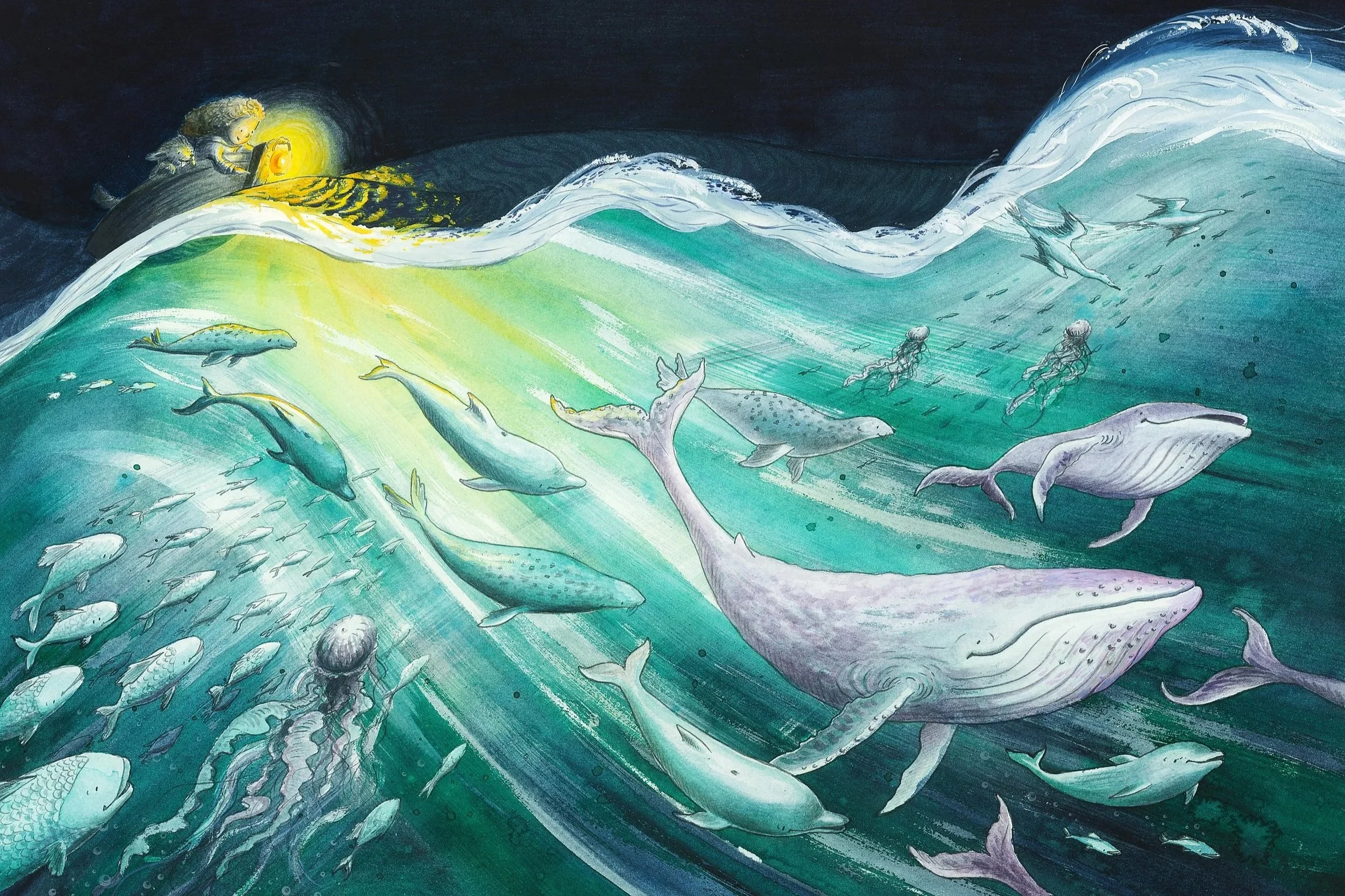 illustration of child and dog in boat looking at sea creatures under the surface