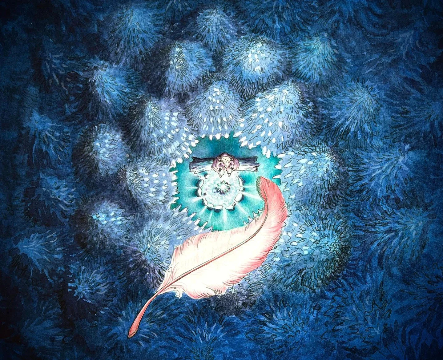 illustration of wizard looking up at feather falling in night sky