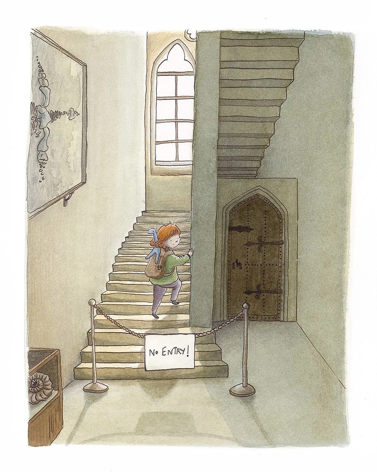 illustration of child climbing forbidden museum stairs