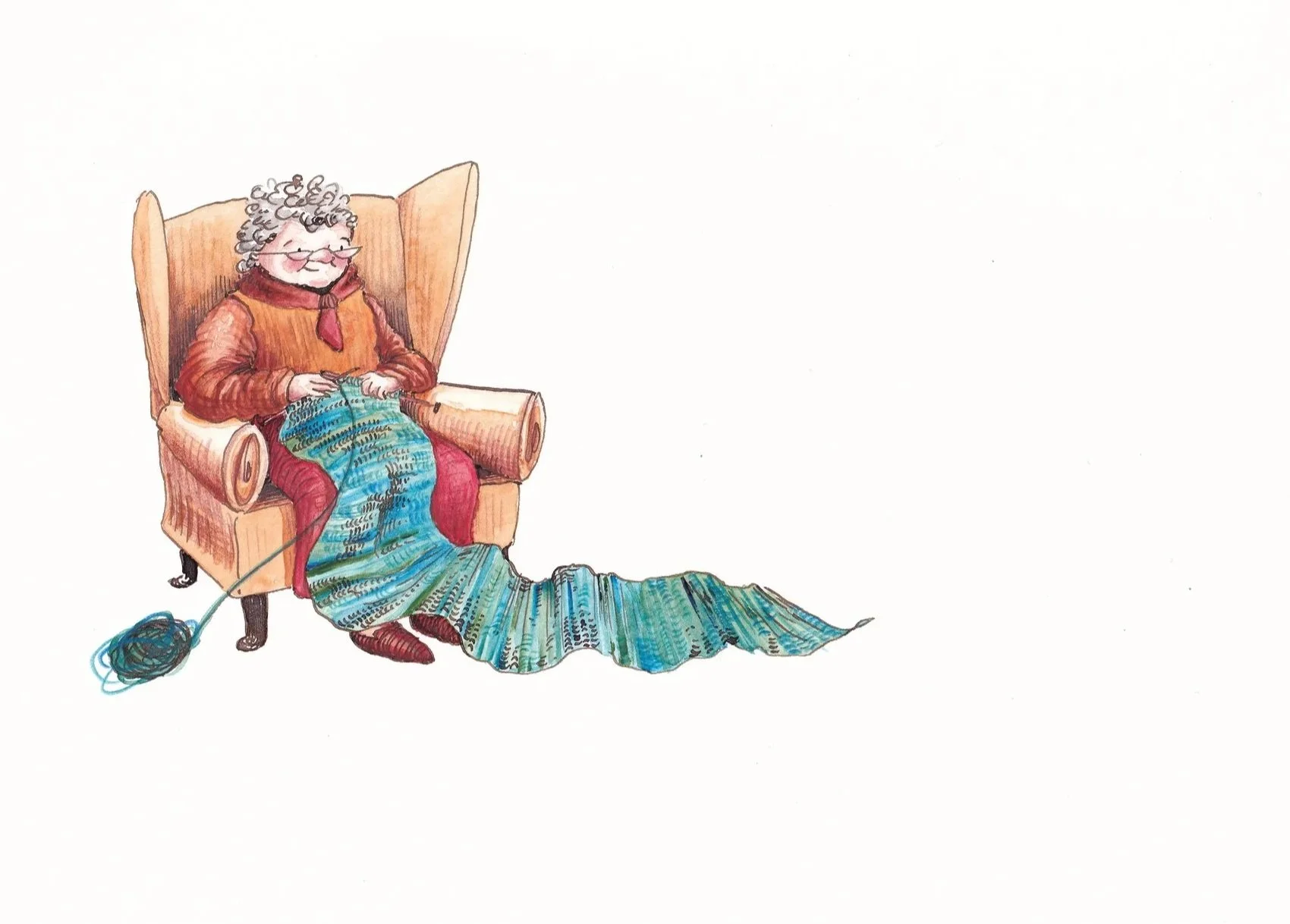 grandmother knitting in armchair