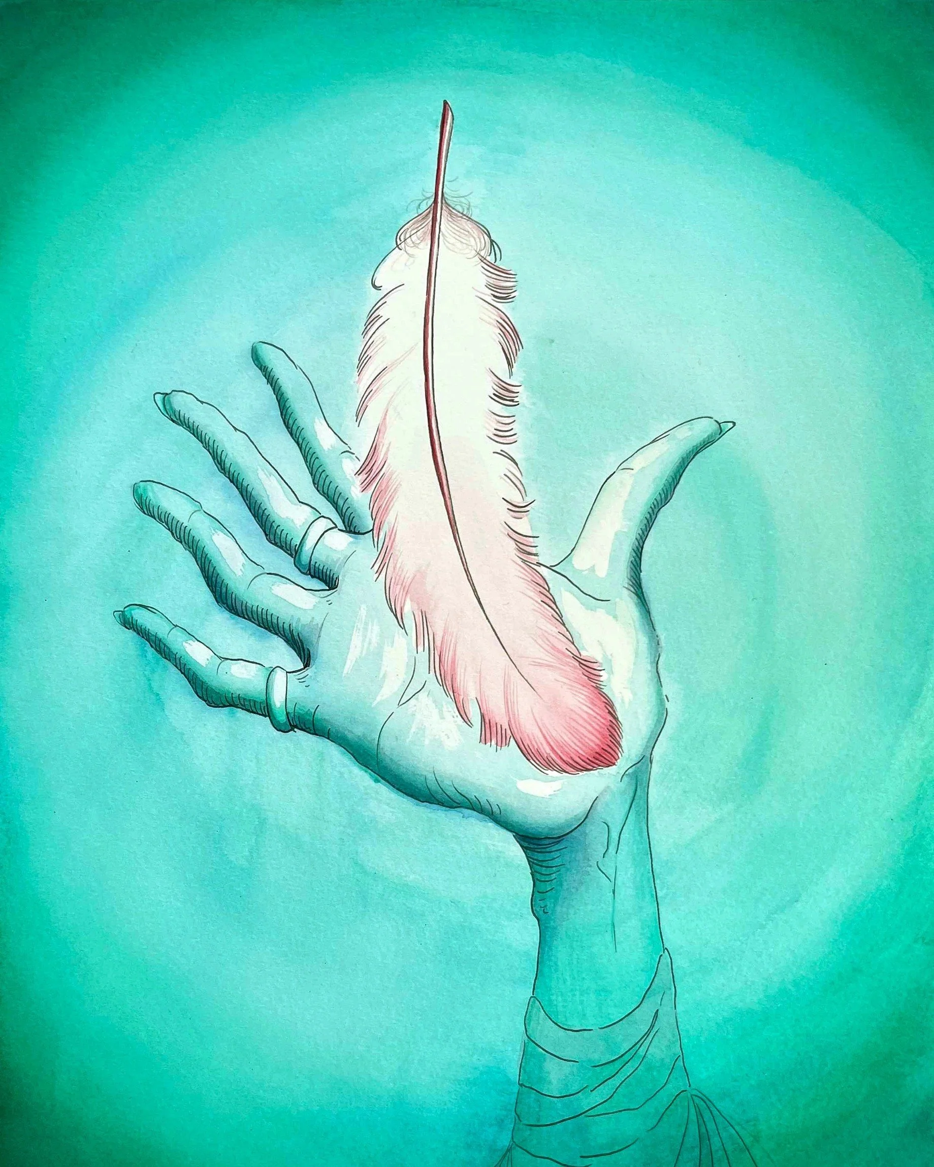 illustration of hand reaching out to grab falling feather