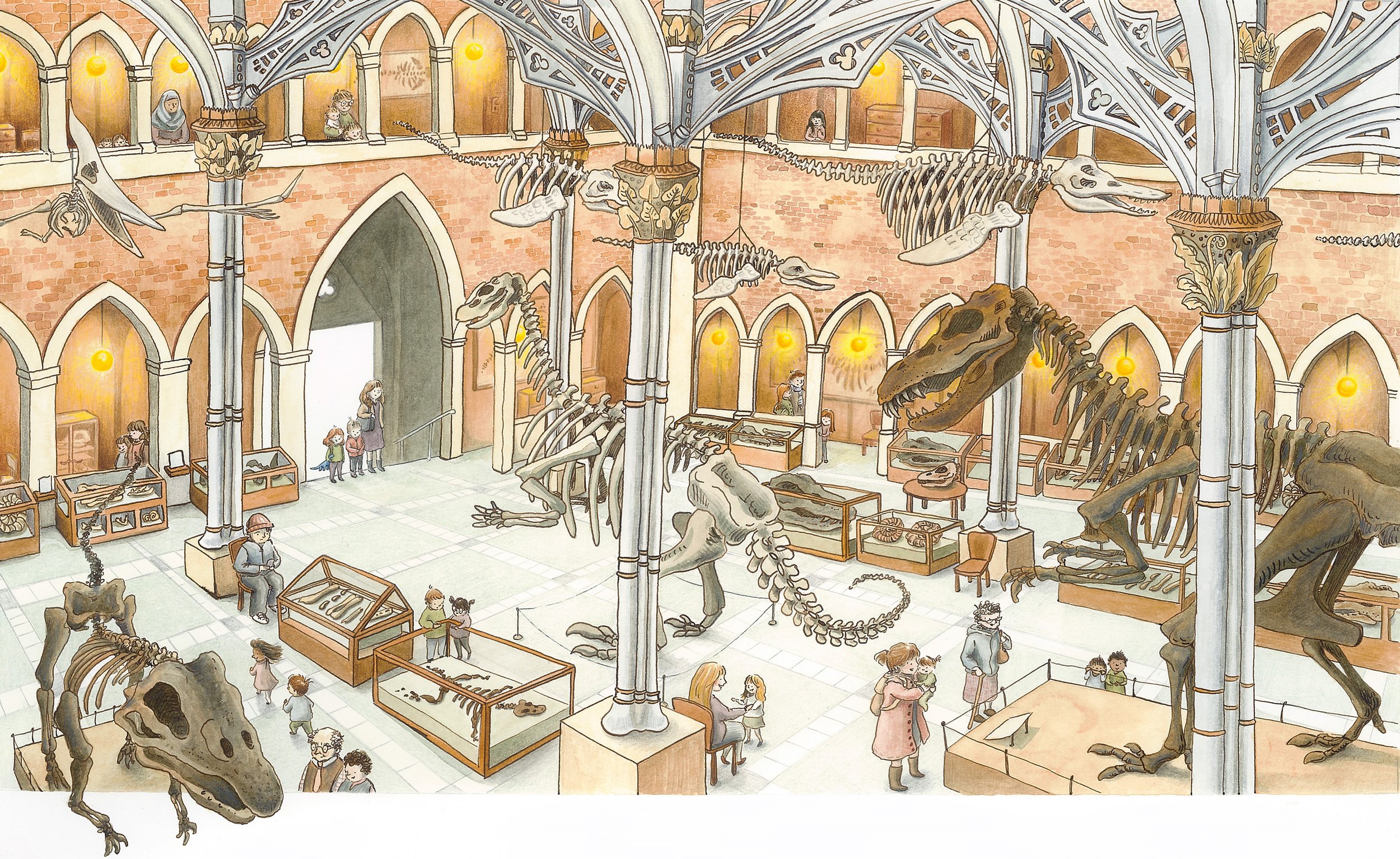 illustration of families at a natural history museum looking at dinosaur fossils