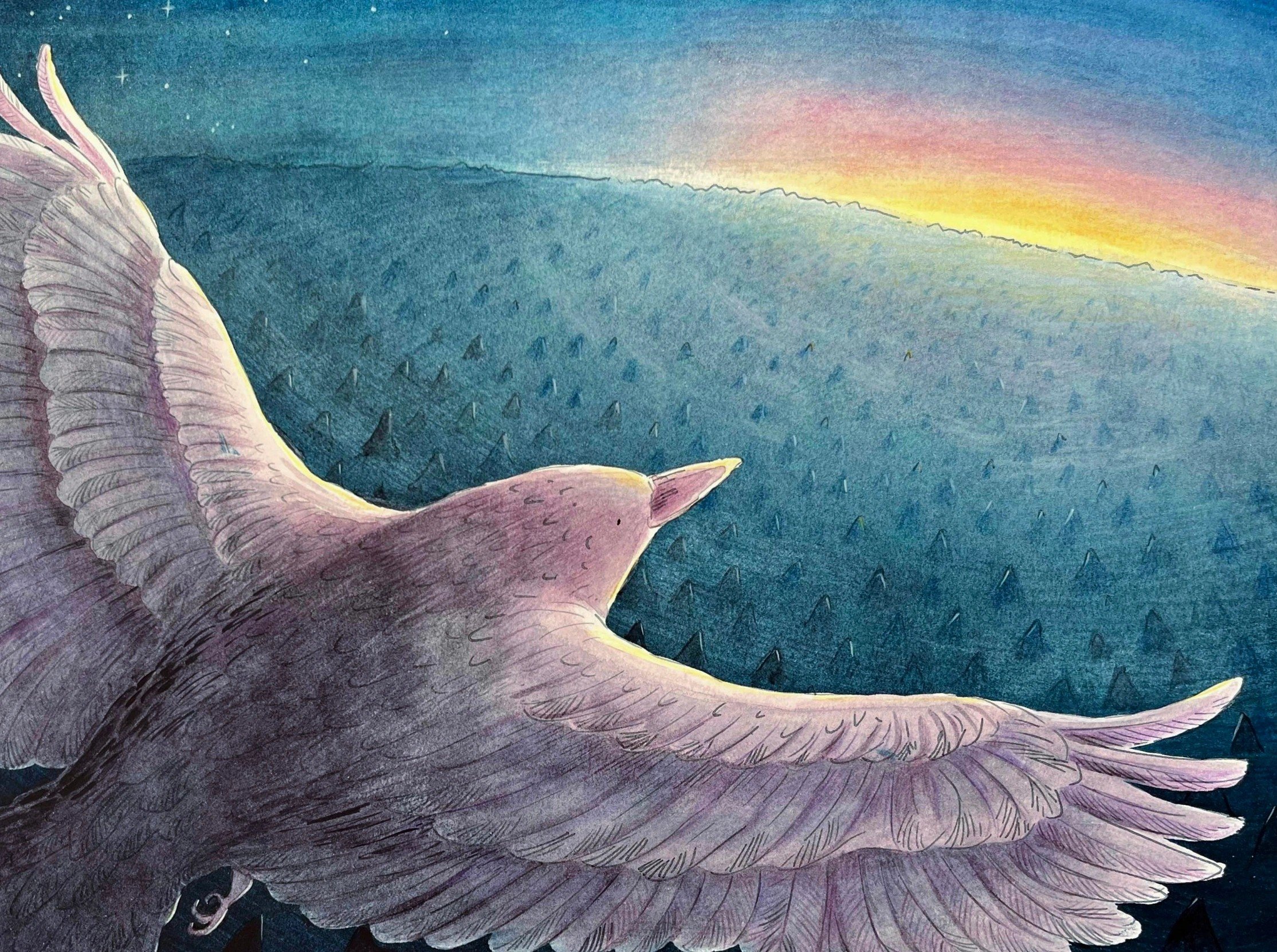 illustration of bird flying over forest toward sunrise