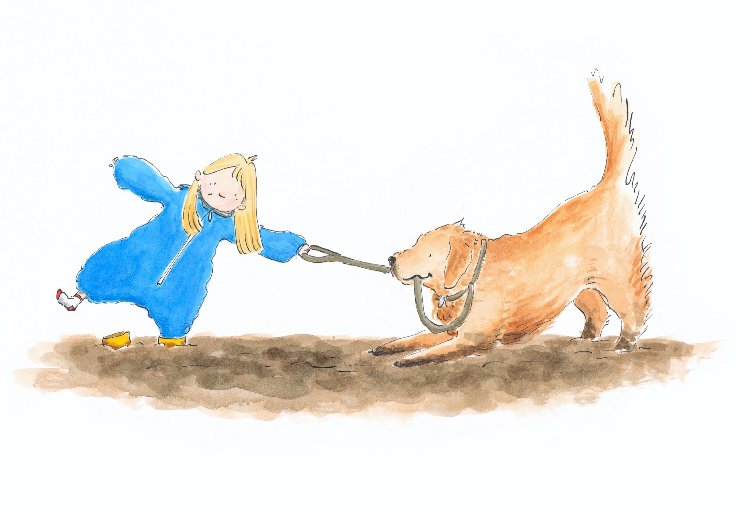 illustration of child stuck in the mud with pet dog