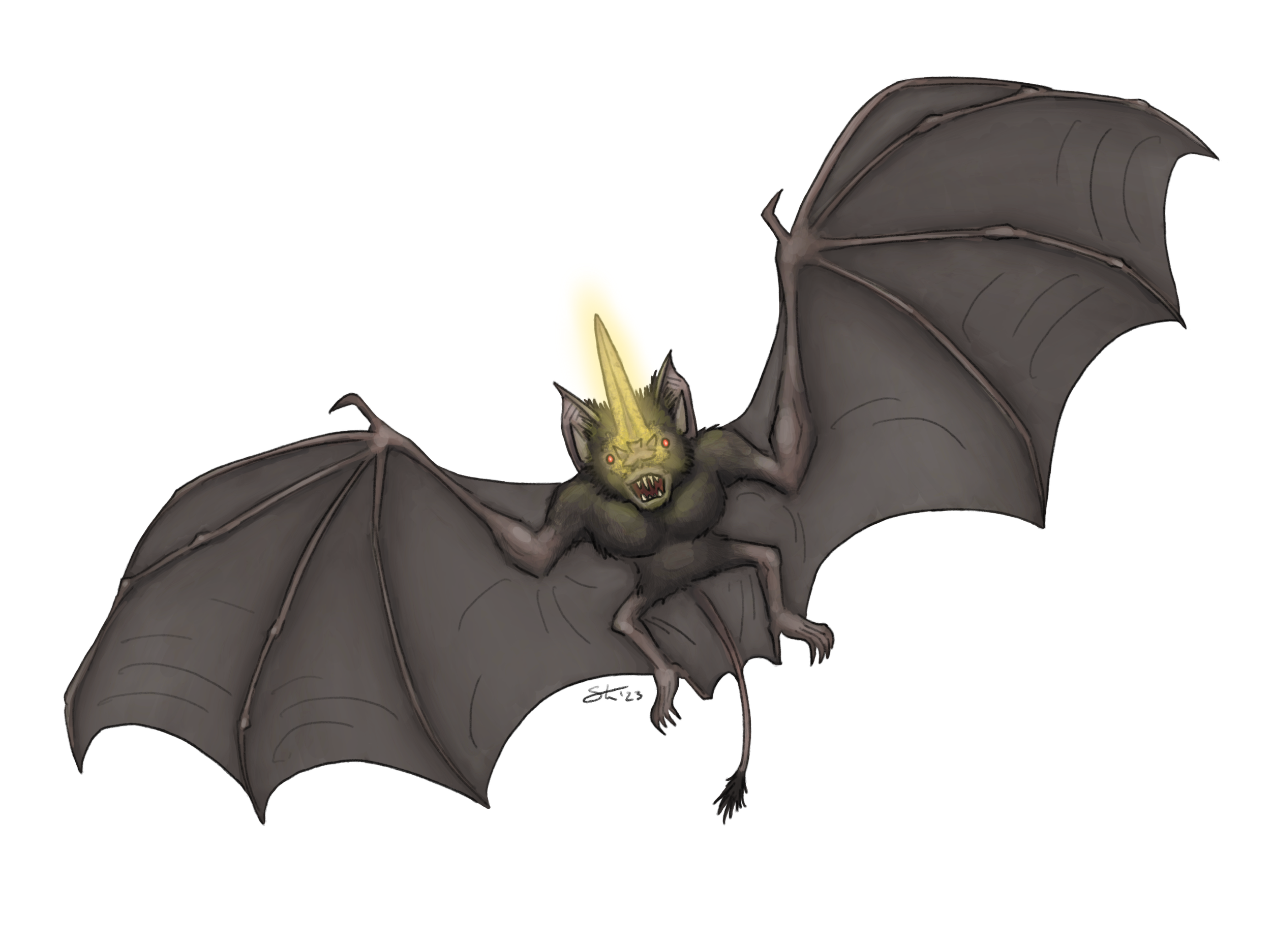 The Van Meter Visitor as a giant sword-nosed bat which grows bioluminescent fungus on its face to attract prey. Not real, but a fun speculative exercise.
