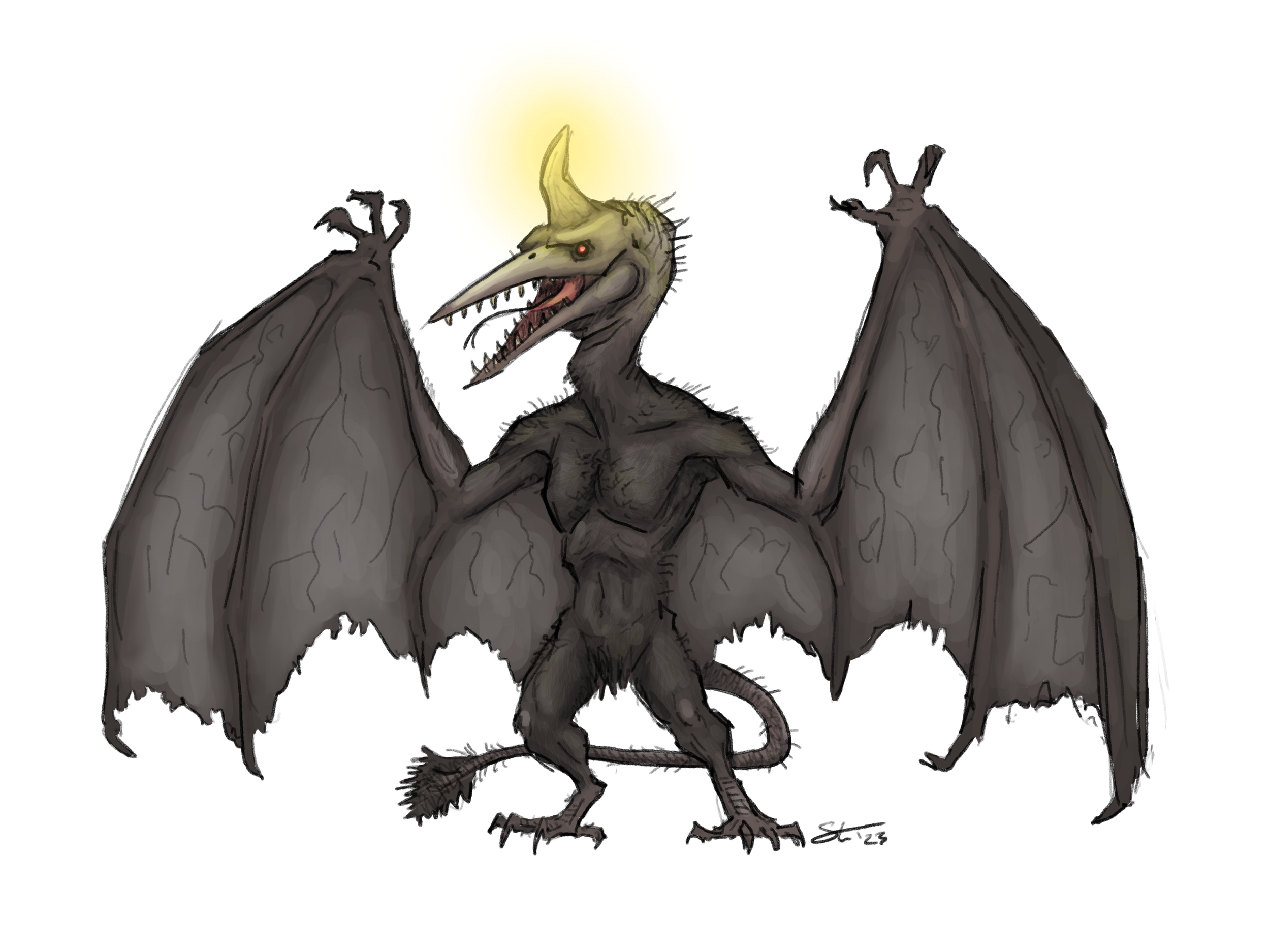 The Van Meter Visitor, Iowa's only homegrown cryptid, as a humanoid mix of bat and pterosaur, complete with the monster's trademark glowing horn.