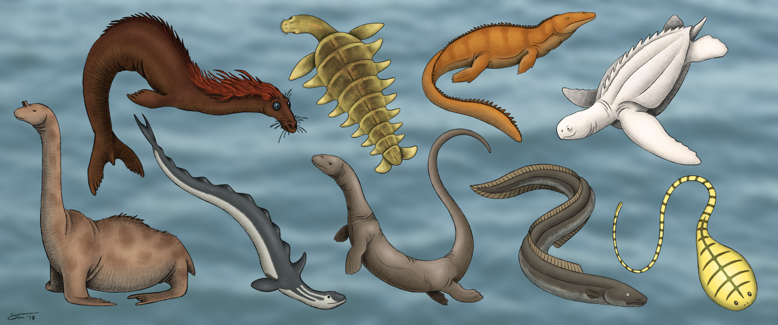The 9 hypothetical sea-serpents imagined by Dr. Bernard Heuvelmans in the 1960s. Personal work, later featured in The Biologist magazine.