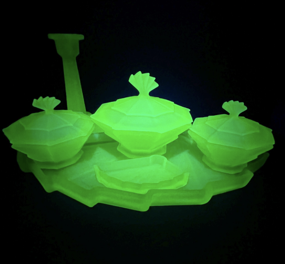 Art Deco Uranium green frosted glass 'Whitby' dressing table set, catalog number 3002 c 1935 Sleepless Century Art Deco Uranium green frosted glass 'Whitby' dressing table set, catalog number 3002 c 1935 Sleepless Century