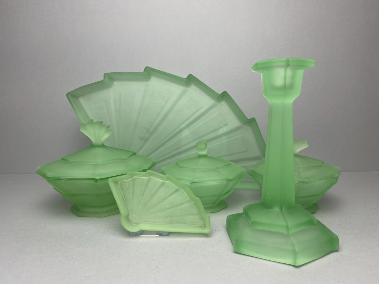 Art Deco Uranium green frosted glass 'Whitby' dressing table set, catalog  number 3002 c 1935  Sleepless Century