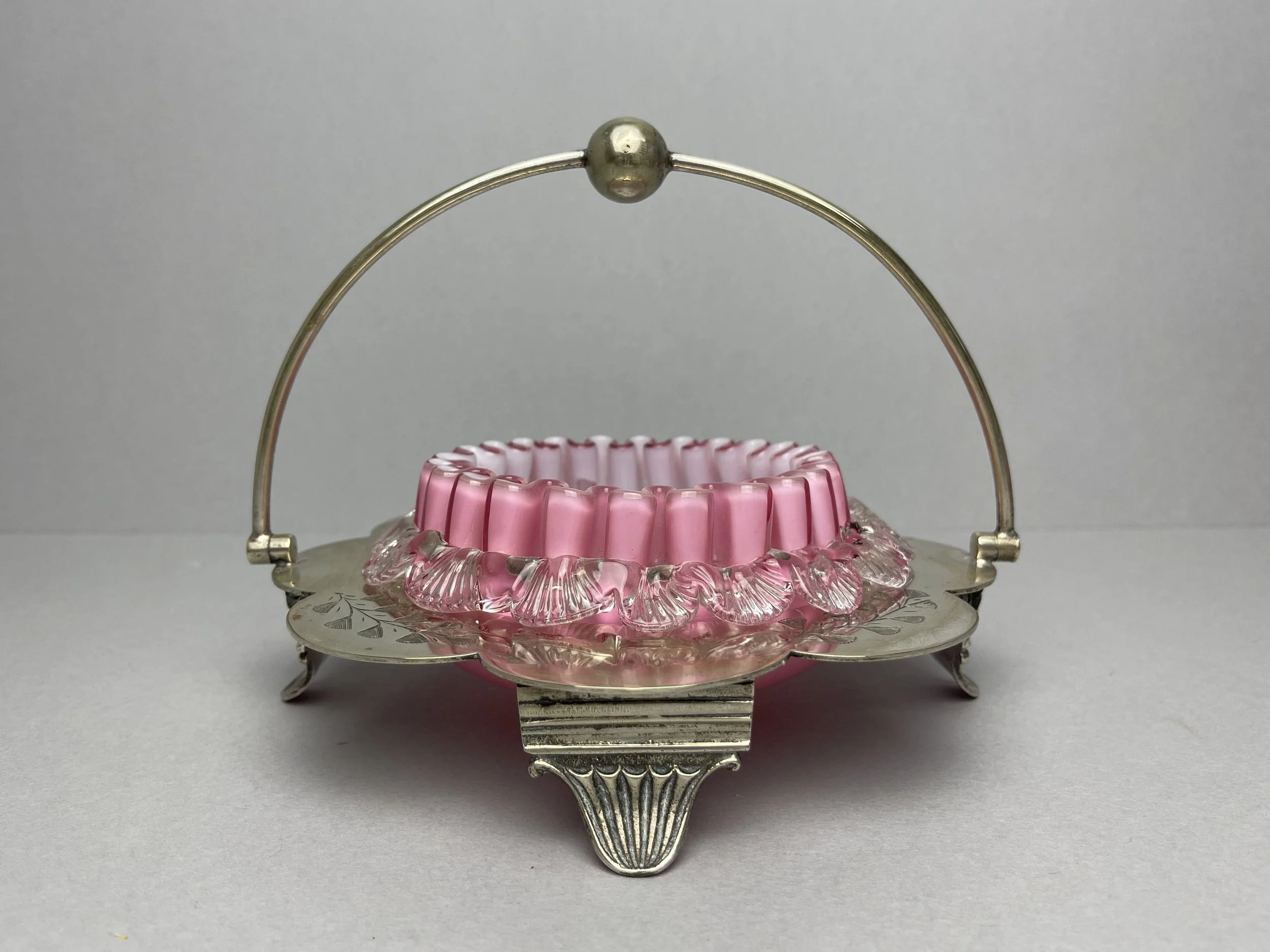 Antique Glass Pink brides basket/comport with Silver plated stand