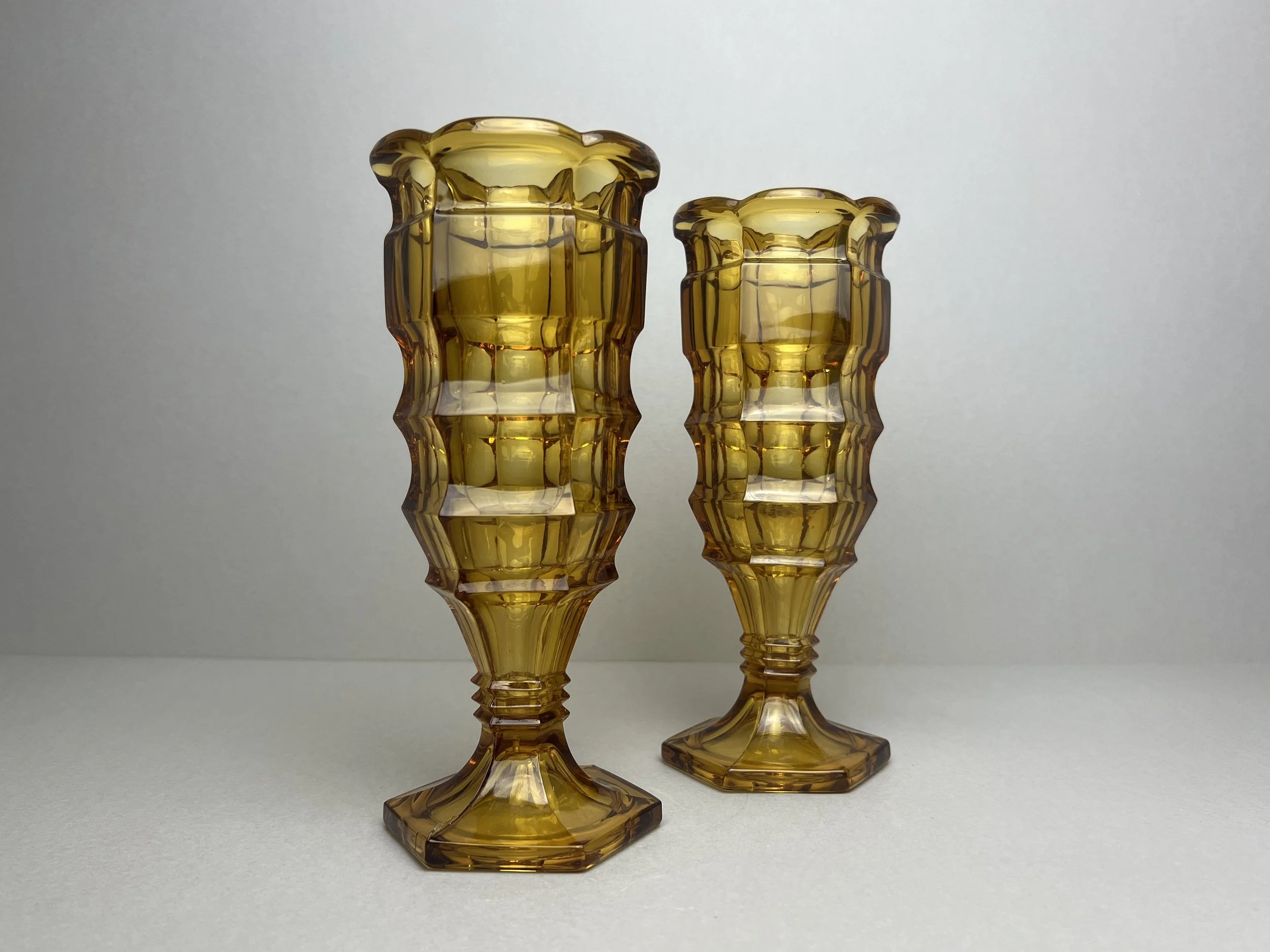 Art Deco Amber Glass Vases Pair, 1930s Sowerby Ellison Model 2592, Geometric Cubist Footed Pedestal Flower Vase Set, Retro Decor
