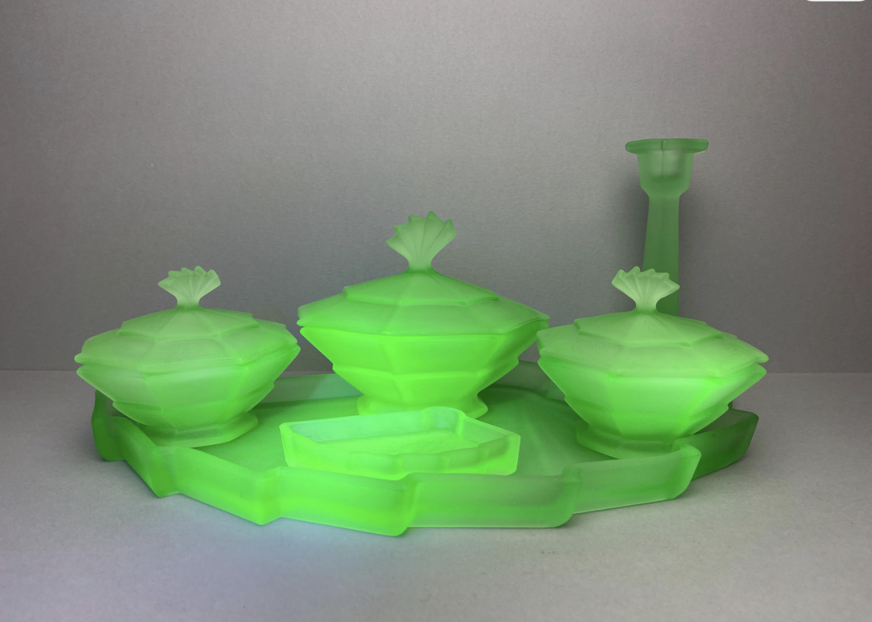 Art Deco Uranium green frosted glass 'Whitby' dressing table set, catalog  number 3002 c 1935  Sleepless Century