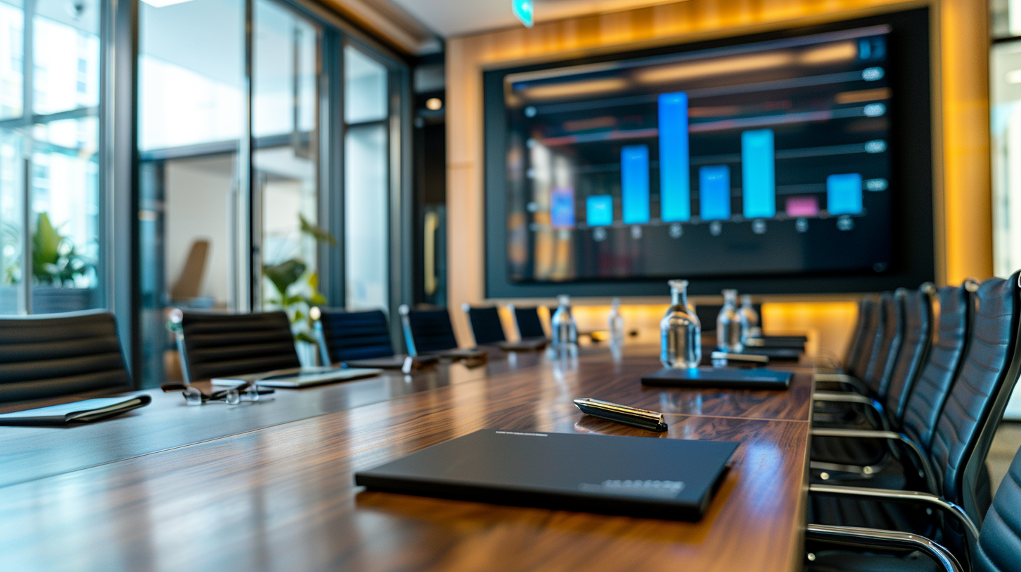 A corporate boardroom looking across the table at a presentation on screen