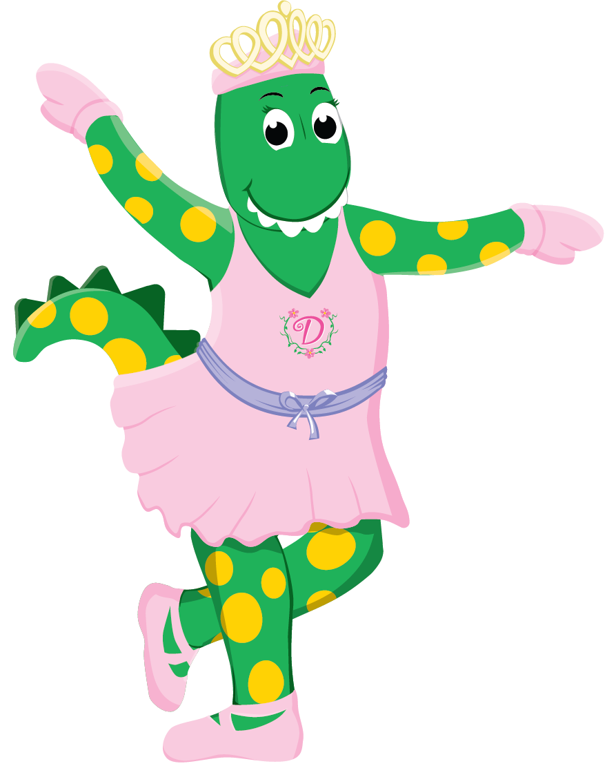 A cartoon dinosaur dressed as a ballerina, wearing a pink tutu, pink ballet slippers, a pink crown, and a pink shirt with a letter 'D' on it, dancing with one arm raised.