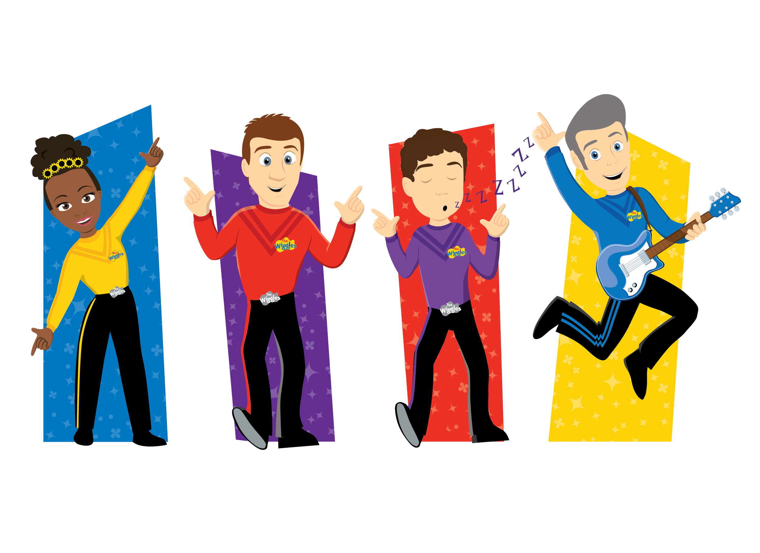 Four animated children lying on colorful mats, one girl with a yellow top and black pants, and three boys in red, purple, and blue shirts, with the boy on the far right playing a guitar and all appearing joyful or sleepy.