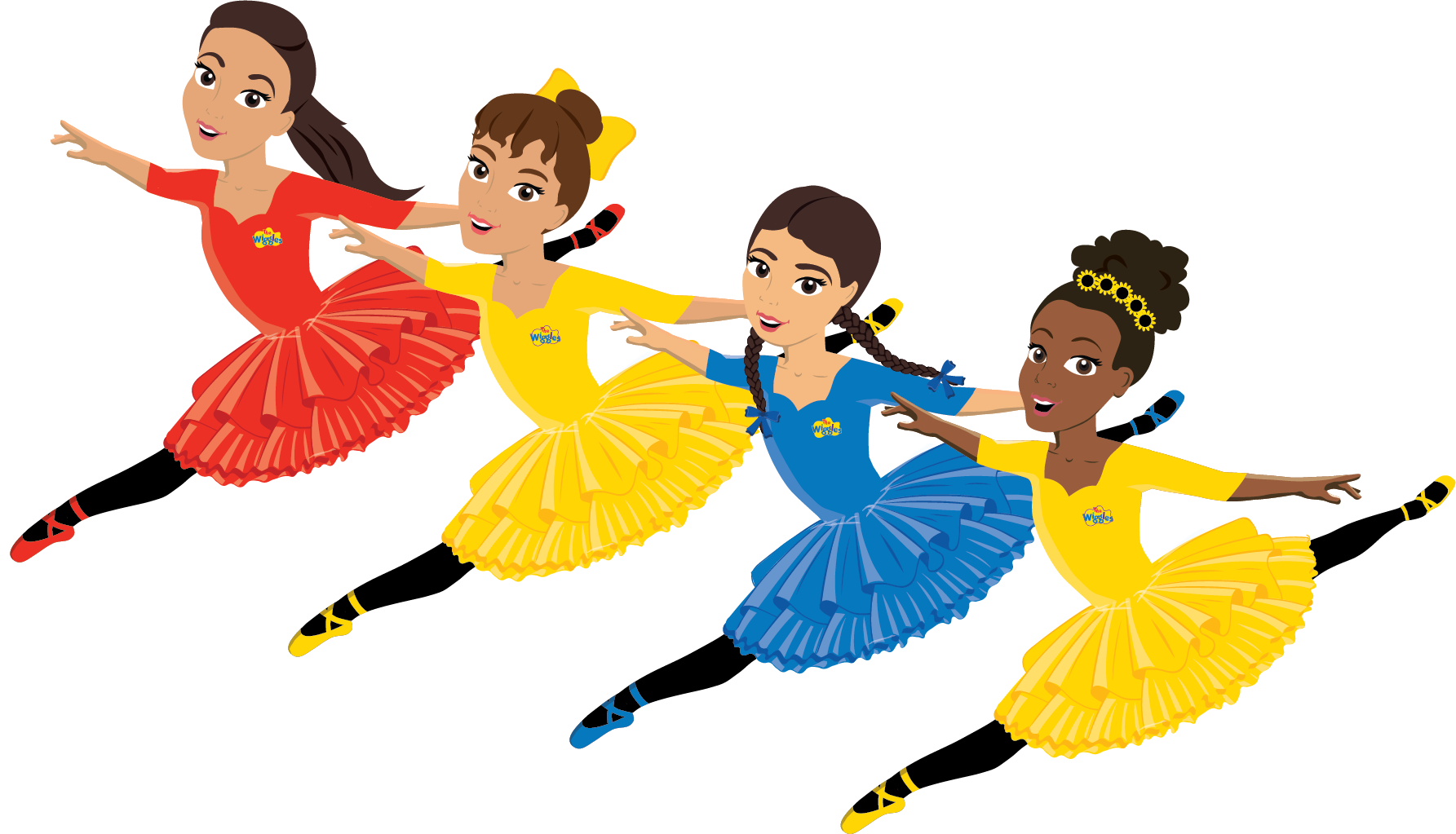 Four young girls wearing colorful dresses and matching shoes, dancing on a stage with a brown background. Each girl has a wiggle logo on her dress and is smiling while performing a dance move.