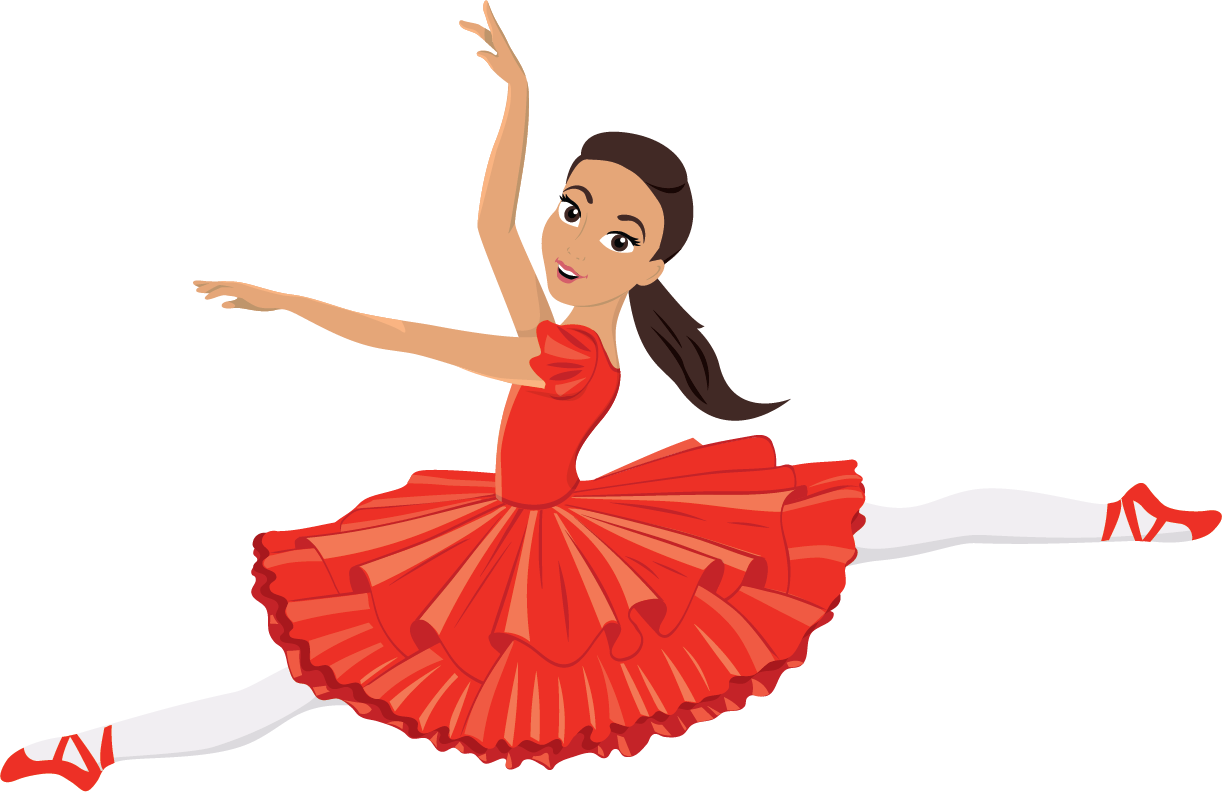 A ballerina in a red dress performing a split with arms raised, wearing white tights and red ballet shoes.