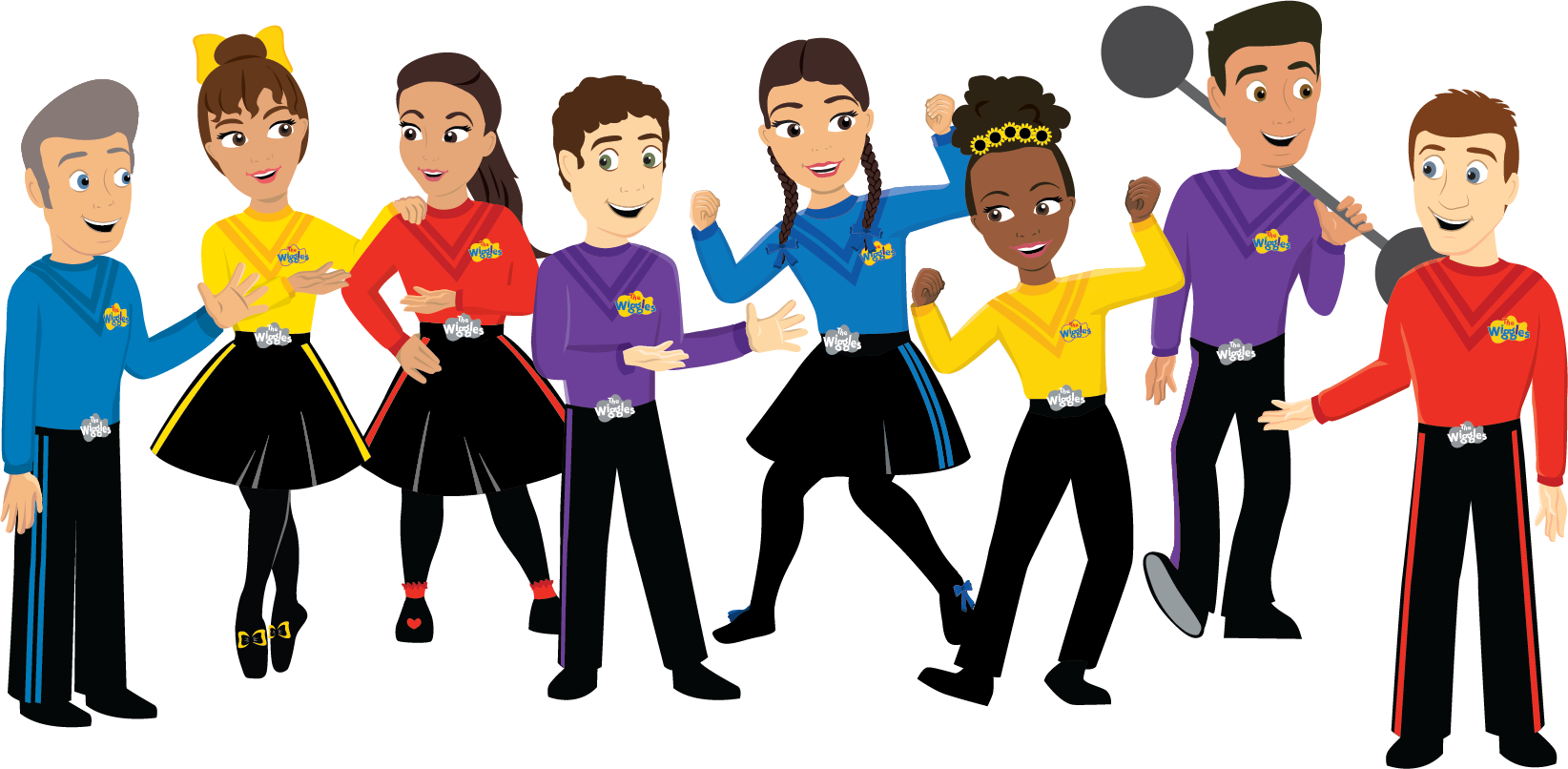 Cartoon characters from The Wiggles performing on stage, wearing colorful shirts and black skirts or pants, smiling and waving to the audience.