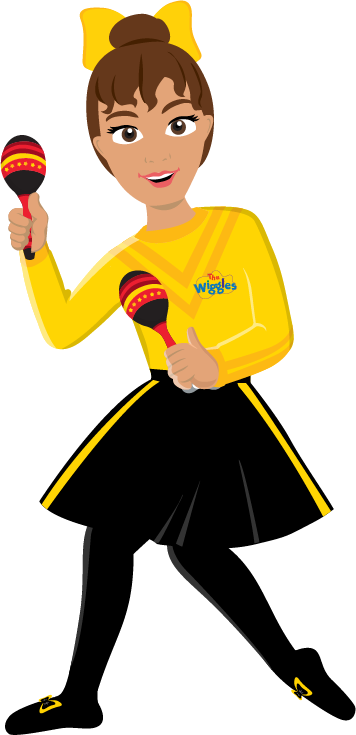 A cartoon girl from the Wiggles holding maracas, wearing a yellow shirt with the Wiggles logo, a yellow bow in her hair, and a black skirt.