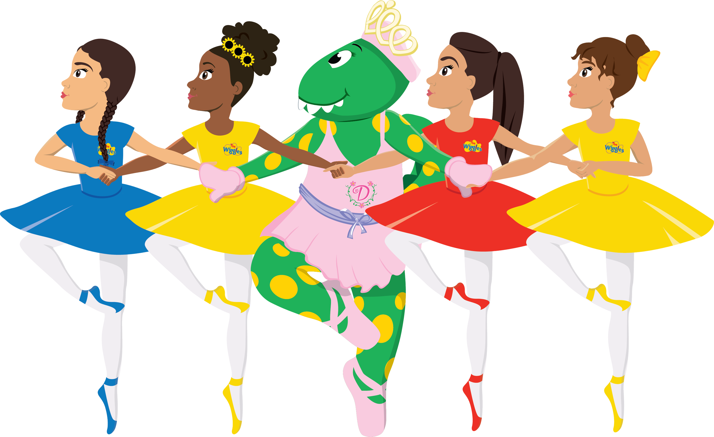 Four young girls dancing with a crocodile mascot dressed as a princess, all wearing colorful tutus and t-shirts with the Wiggles logo.