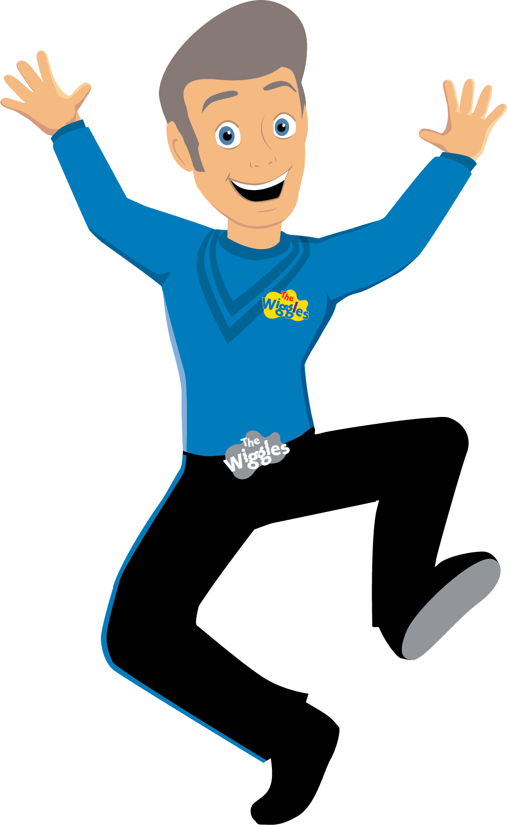 Animated character from The Wiggles, a blue-shirted boy with brown hair, smiling and jumping with arms raised.