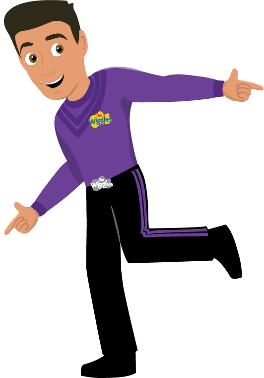 A cartoon character with short brown hair, wearing a purple long-sleeved shirt and black pants with purple stripes, pointing to the right. The shirt has a yellow and blue logo that reads "The Wiggles."