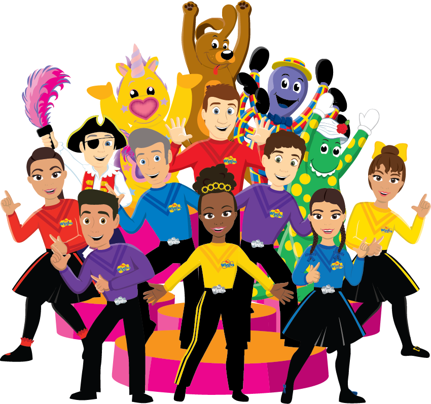 Group of animated characters, children and adults, on a colorful stage with musical instruments, in bright, playful costumes, celebrating in a cheerful scene.