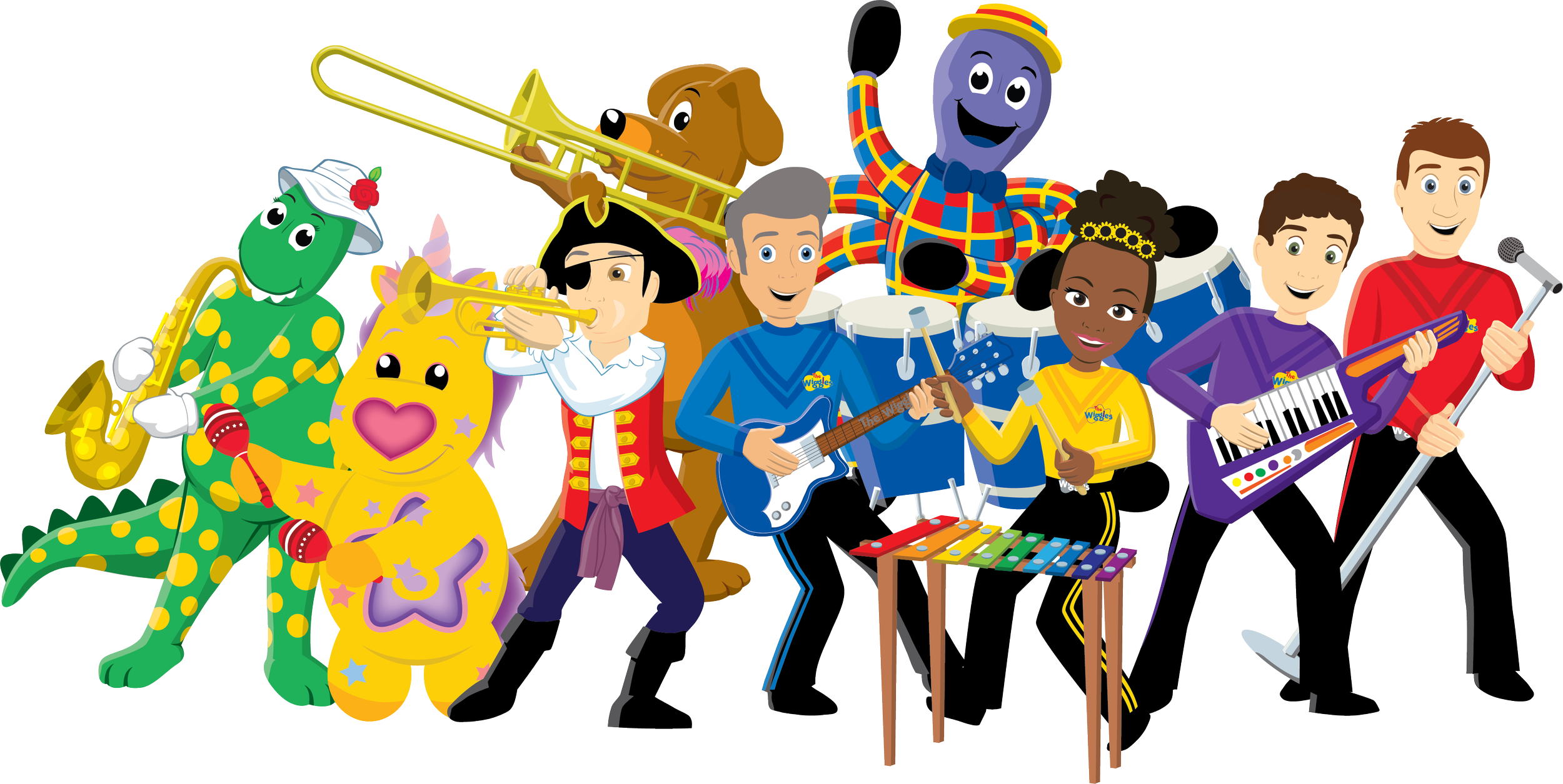 Colorful cartoon band with animal characters and children playing instruments, including a saxophone, trumpet, guitar, keyboard, and percussion, performing on stage.