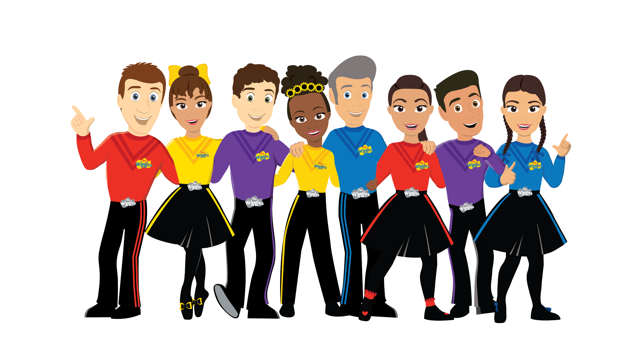 Colorful animated characters from the Wiggles TV show standing together in a line with their arms around each other, smiling.