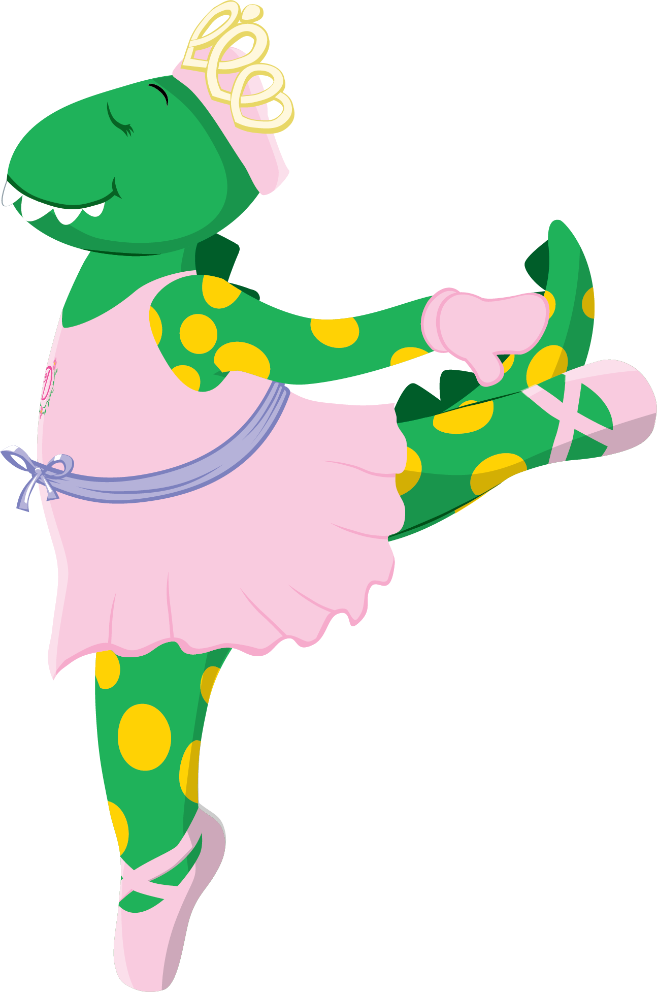 Cartoon dinosaur wearing a pink apron, a pink headband, a pink tutu, and pink ballet shoes, performing a ballet pose.