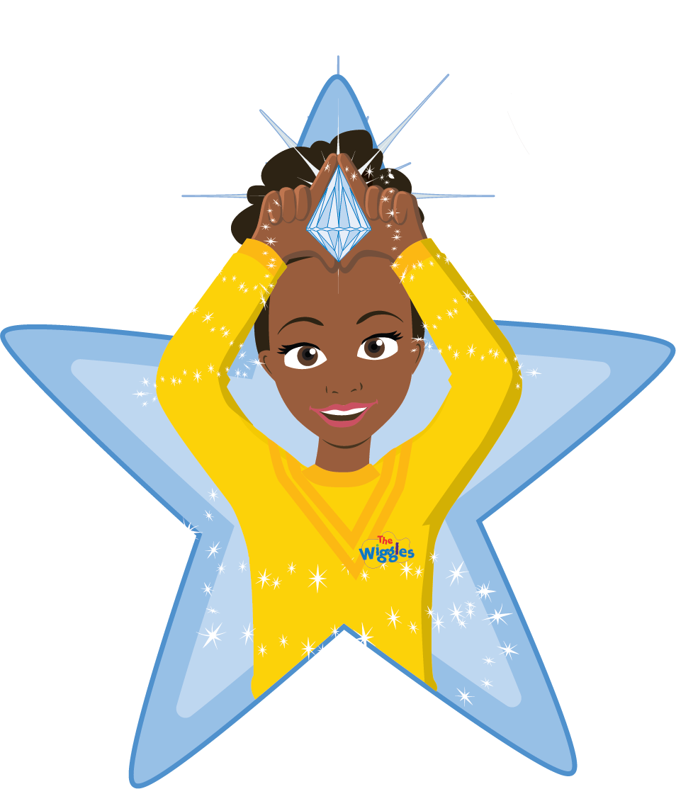 A young girl from the Wiggles shows off a large sparkling diamond held above her head, smiling and wearing a yellow Wiggles shirt, with a background featuring a blue star