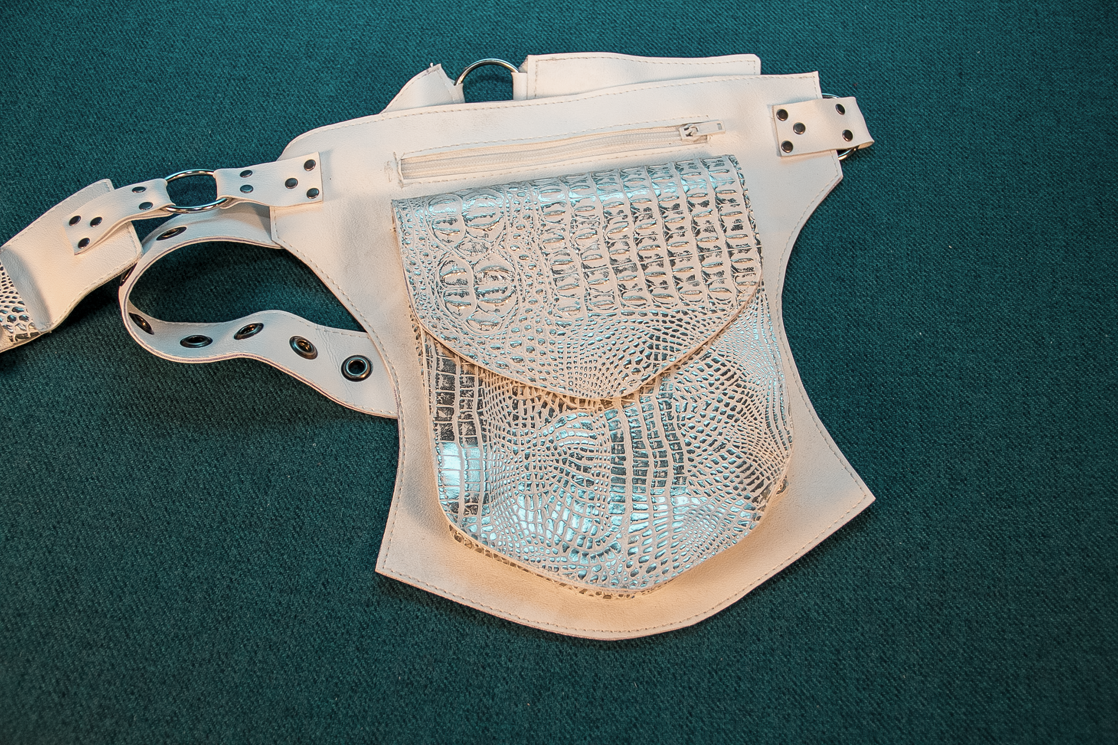 Faux  White and Metallic Silver Alligator Single Hip Pouch