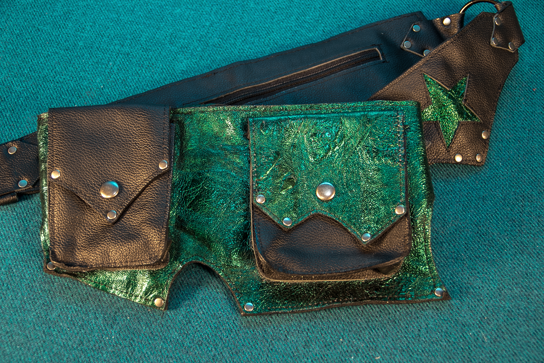Black and Metallic Green Leather Hip Pouch