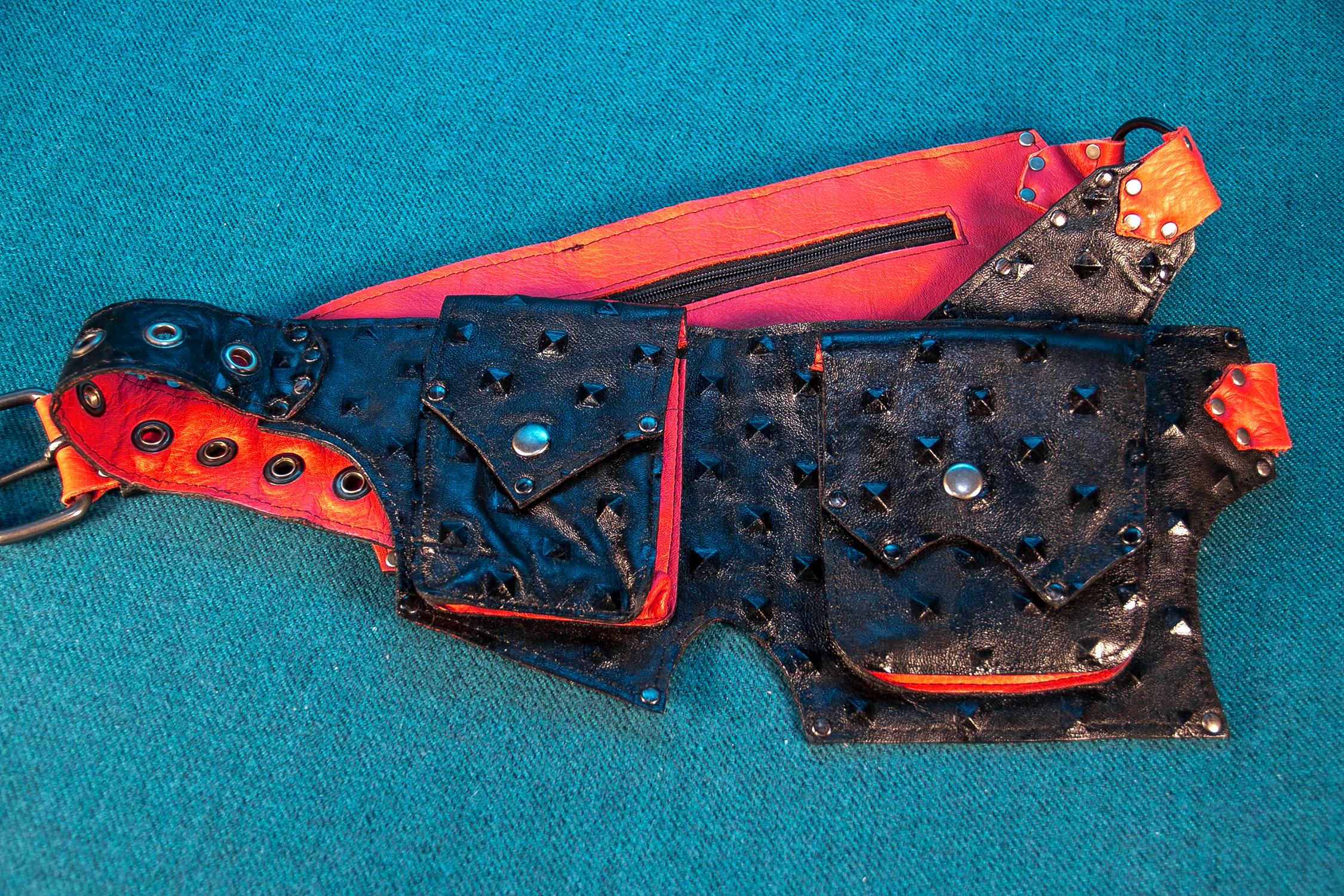 Red and Black Pyramid Embossed Double Hip Pouch