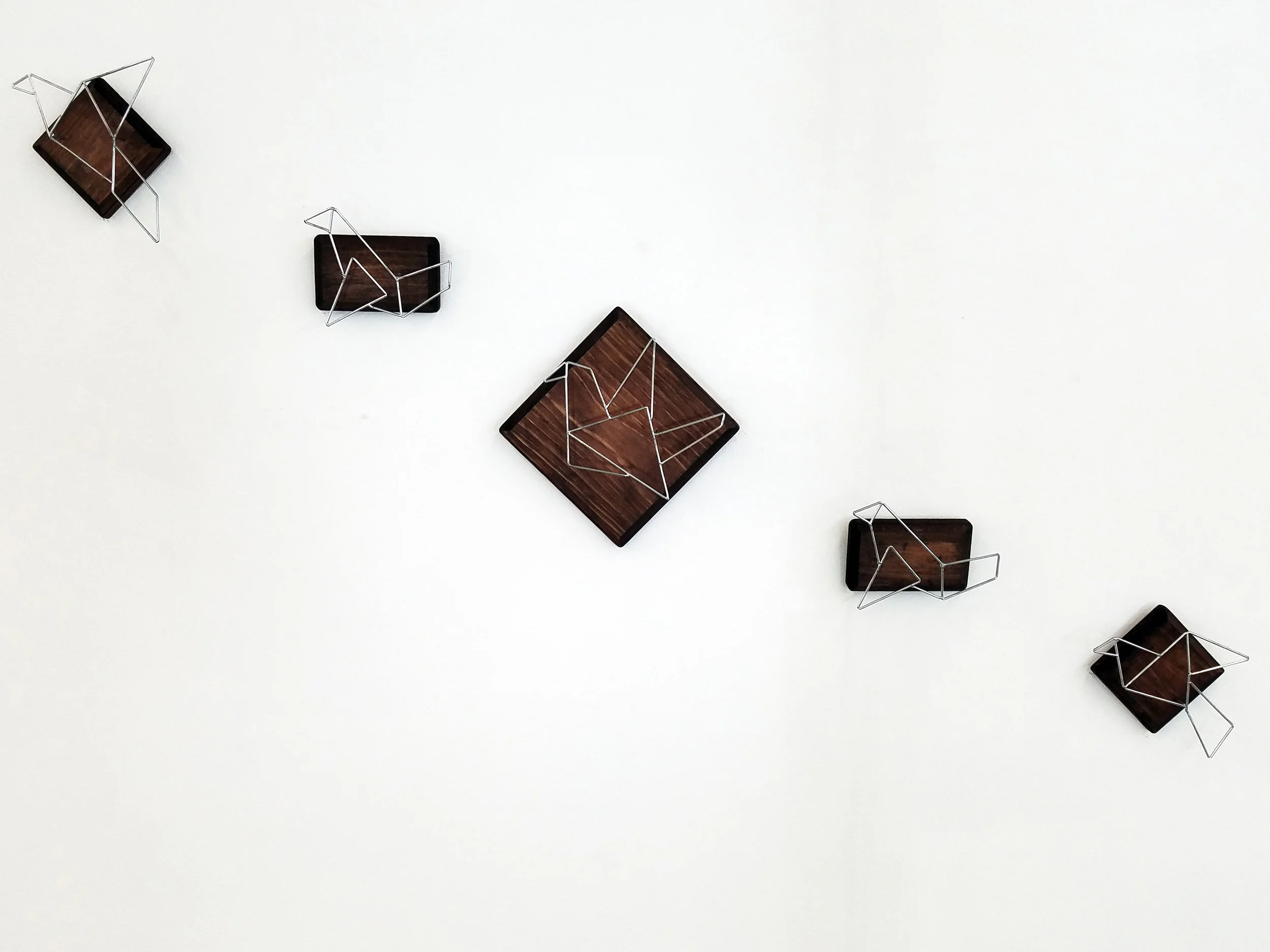 Metal wire bird frames mounted on wood plaques