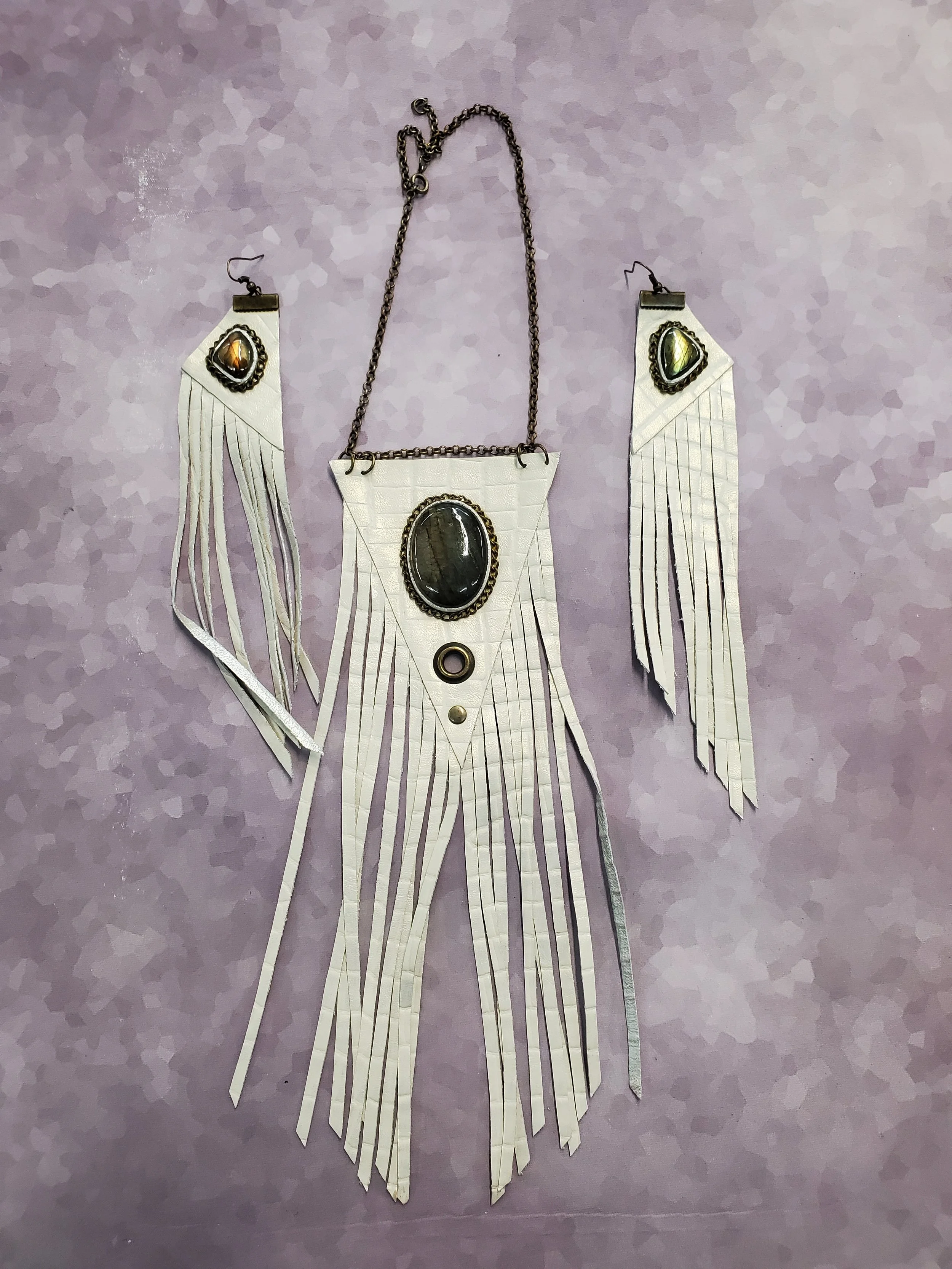 White Leather with Labadorite Inlay