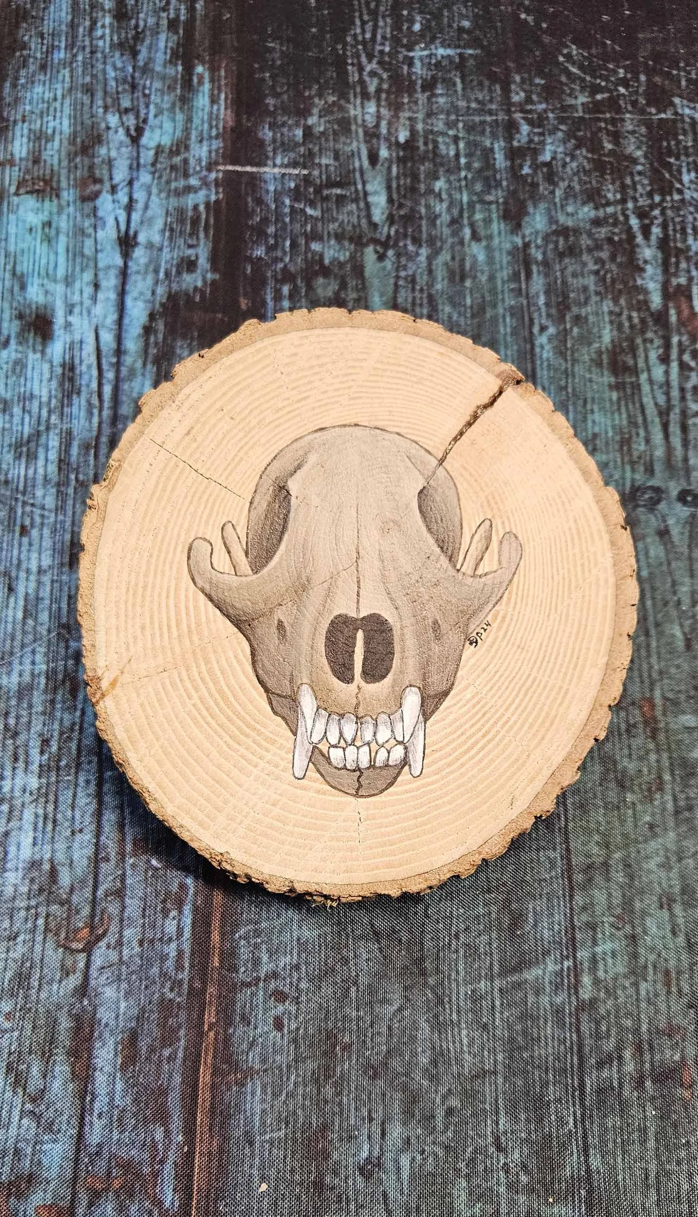 Natural Wood Slice with Fox Skull