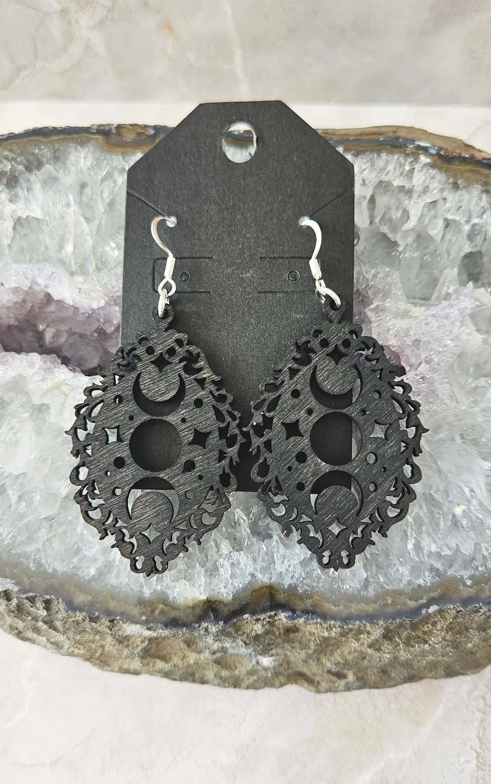 Wood Filagree Moon Phase Earrings