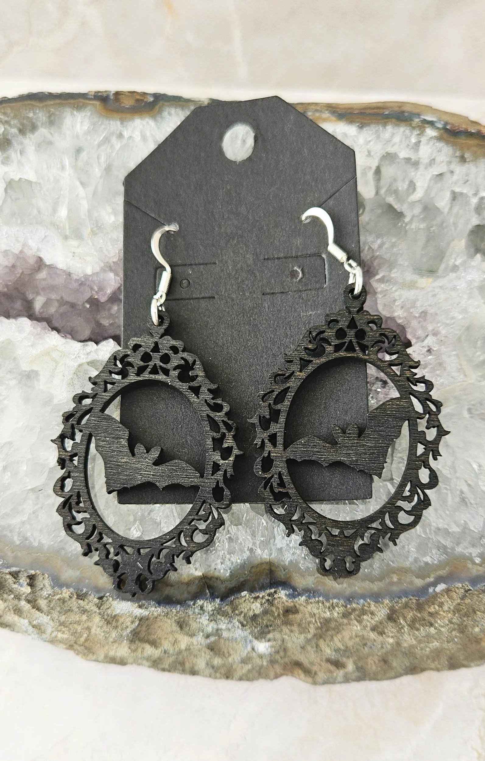 Wood Filagree Bat Earrings